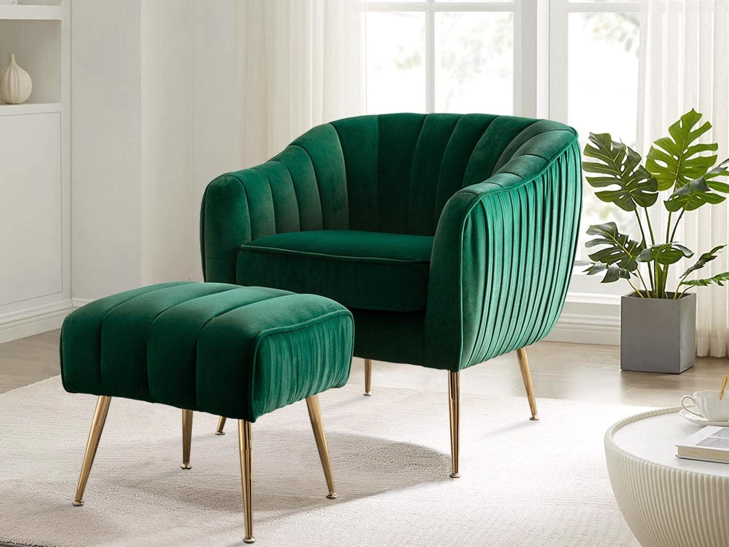 Silla decorativa de terciopelo con otomana, moderna silla de barril copetudo, juego otomano para sala de estar y dormitorio, acabado dorado, verde