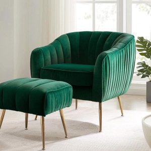 Silla decorativa de terciopelo con otomana, moderna silla de barril copetudo, juego otomano para sala de estar y dormitorio, acabado dorado, verde Silla decorativa de terciopelo con otomana, moderna silla de barril copetudo, juego otomano para sala de estar y dormitorio, acabado dorado, verde