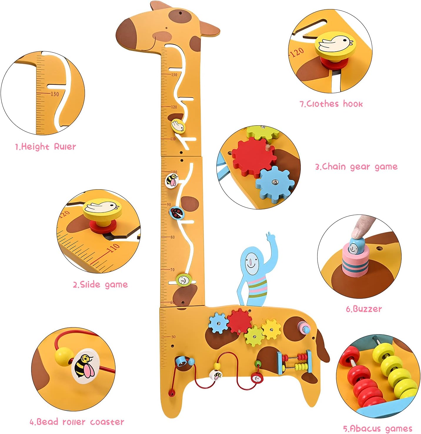 Activity Wall Panel Busy Board 7 in 1 Multifunctional Giraffe Wooden Height Ruler, Childrens Early Education Hand-Eye Eombination Sensory Exercises
