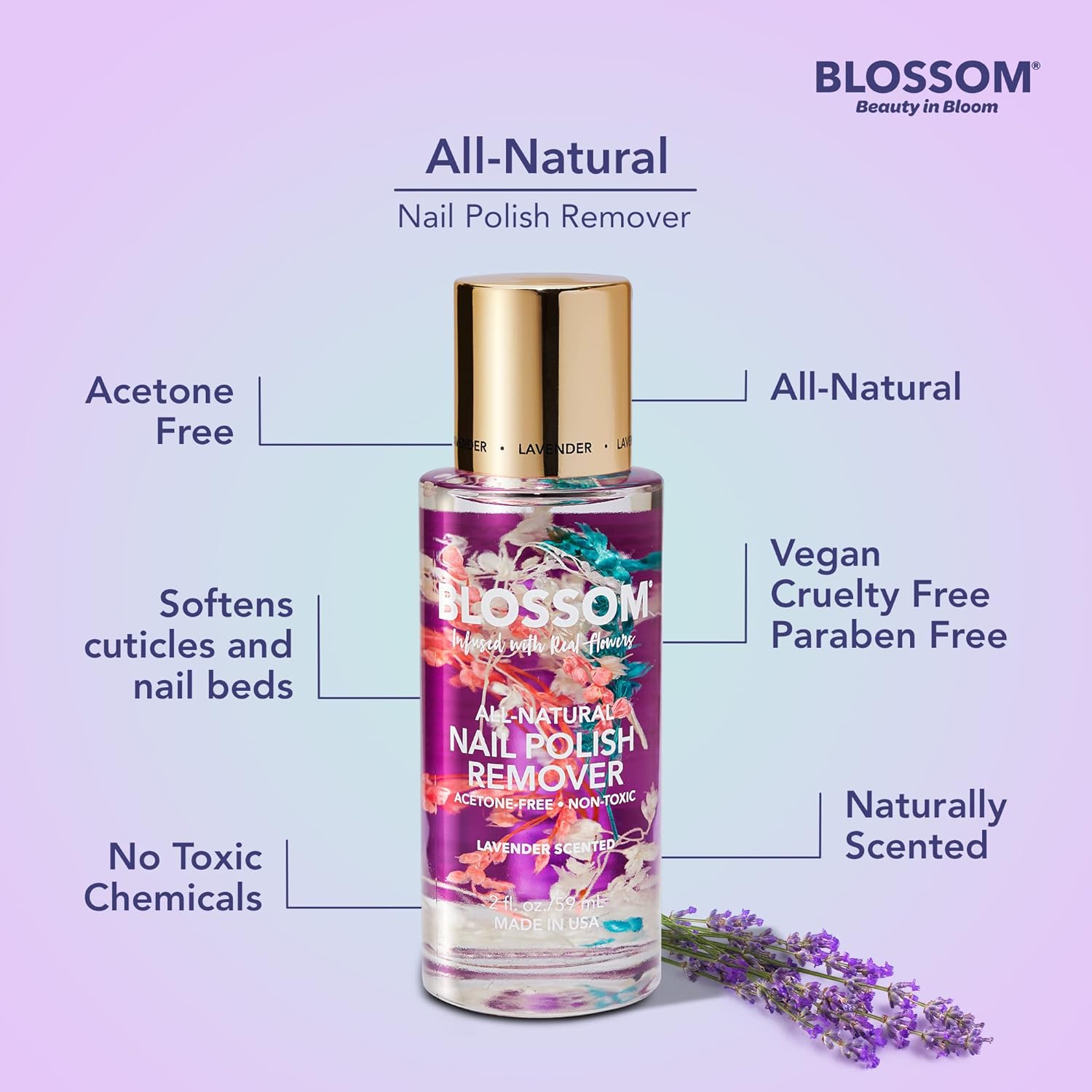 Blossom Todo natural, perfumado, orgánico a base de plantas, vegano, libre de crueldad, removedor de esmalte de uñas sin acetona, infundido con