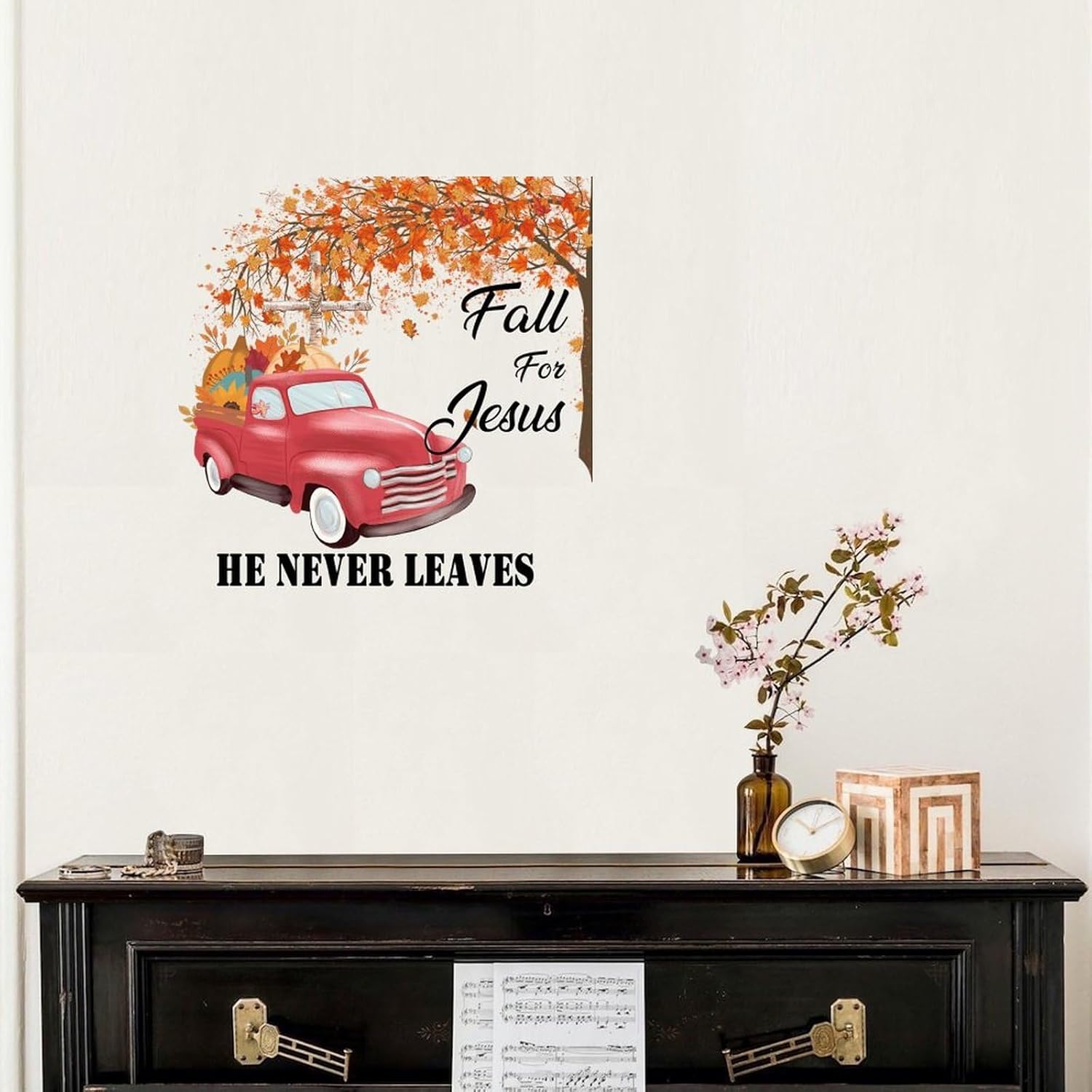 Calcomanías artísticas de pared con texto en inglés “Fall for Jesus He Never Leaves” (“Fall for Jesus He Never Leaves”) – Calcomanías de pared con
