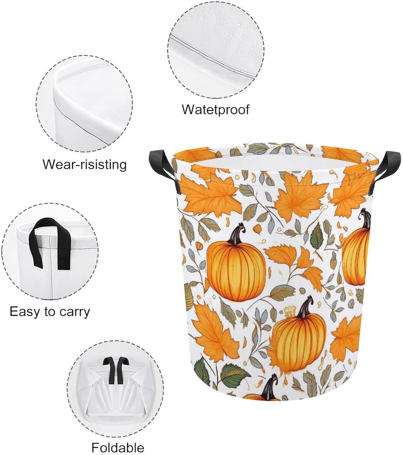 Autumn Pumpkin Storage Basket Fall Maple Leaves Waterproof Coating Organizer Bin Laundry Hamper for Clothes,Toys,Bedroom,Bathroom