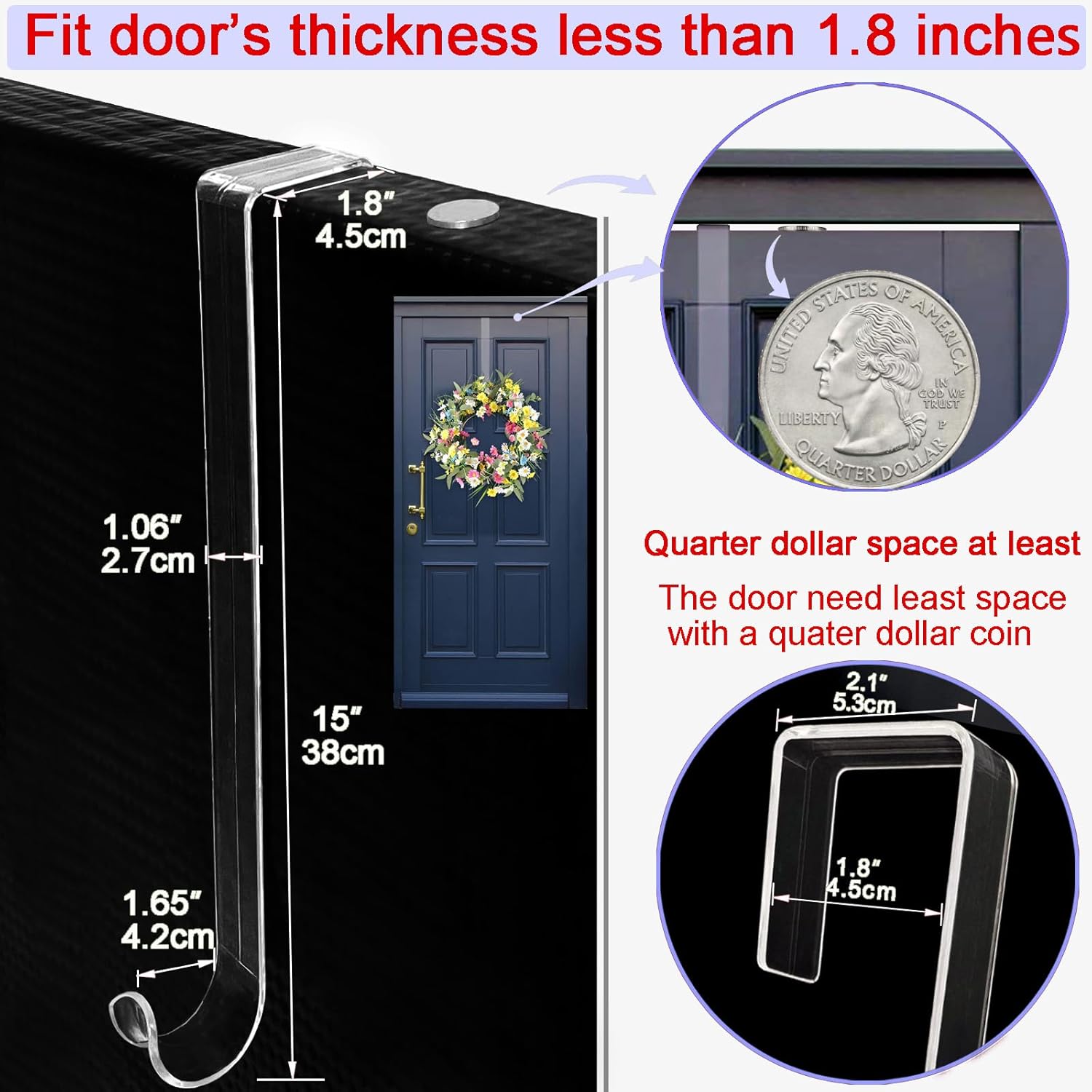Ganchos de corona de 15 pulgadas para puerta delantera, paquete de 2 ganchos para colgar sobre la puerta, para otoño, Navidad, corona, Halloween,