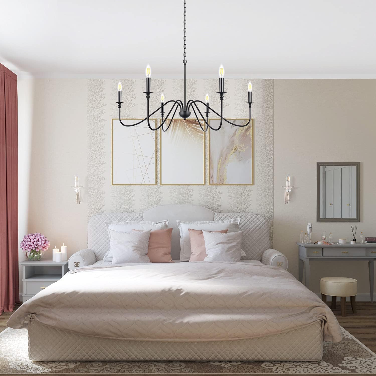 Congratsu Candelabro de 6 luces estilo casa de campo, color negro mate, lámpara colgante clásica para techo, lámpara colgante rústica para comedor,