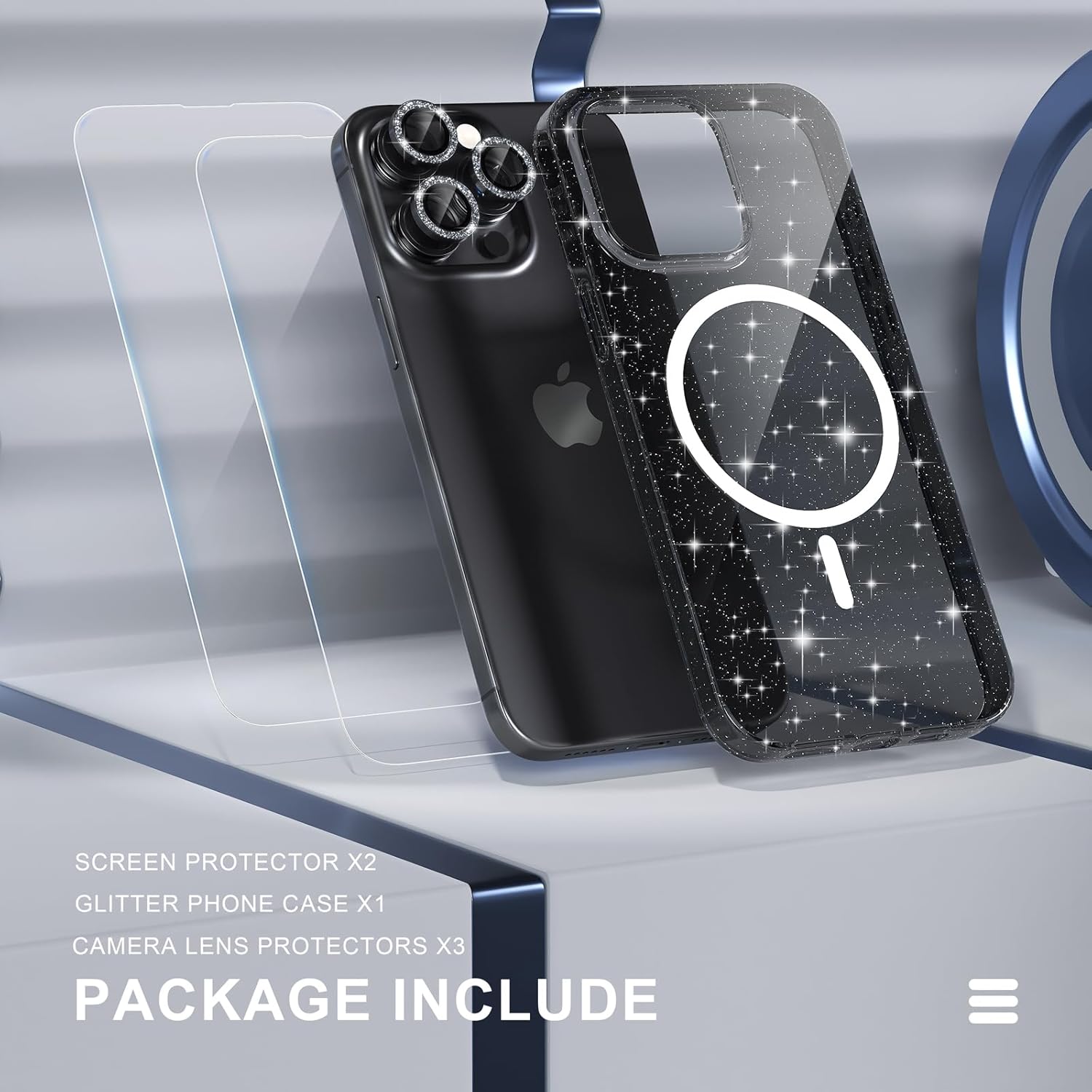 Choiche Funda magnética para iPhone 15 Pro Max, funda transparente con purpurina brillante para mujer, 3 protectores de lente de cámara con