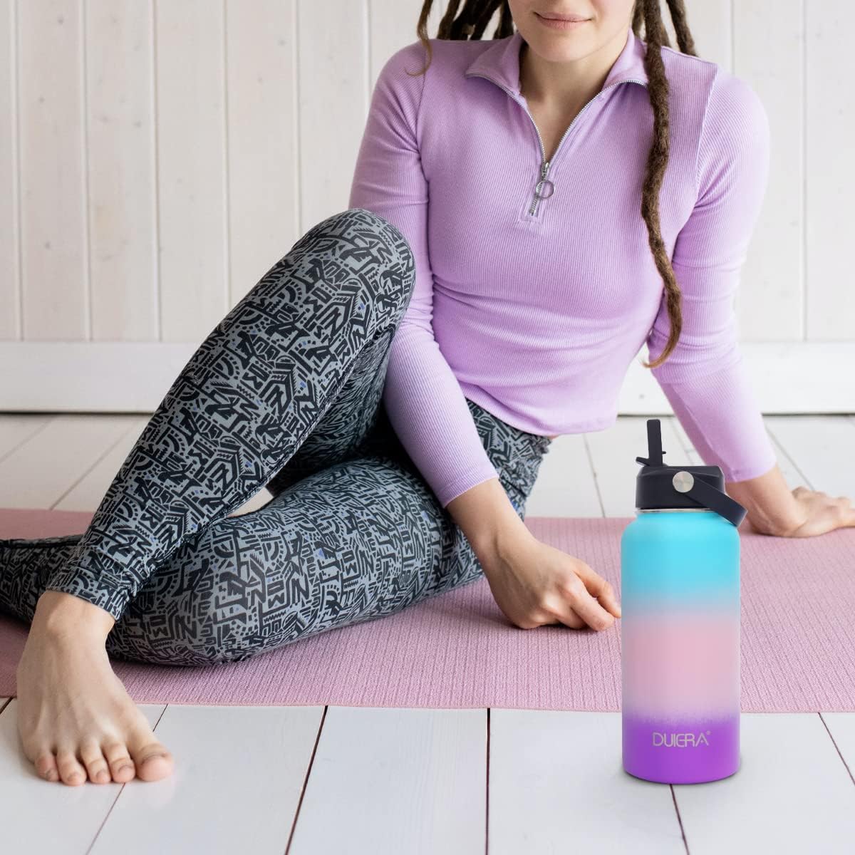 DUIERA Botella de agua de acero inoxidable con popote aislado para bebidas frías, con popote y tapa, botella de agua térmica al vacío para mujer, a