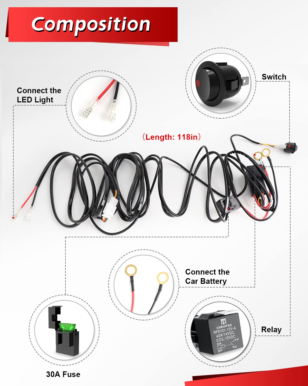 CO LIGHT Arnés de cableado para barra de luz LED, 1 cable de 12 V, 16 AWG, interruptor de relé, kit de arnés de cable para vainas LED todoterreno,