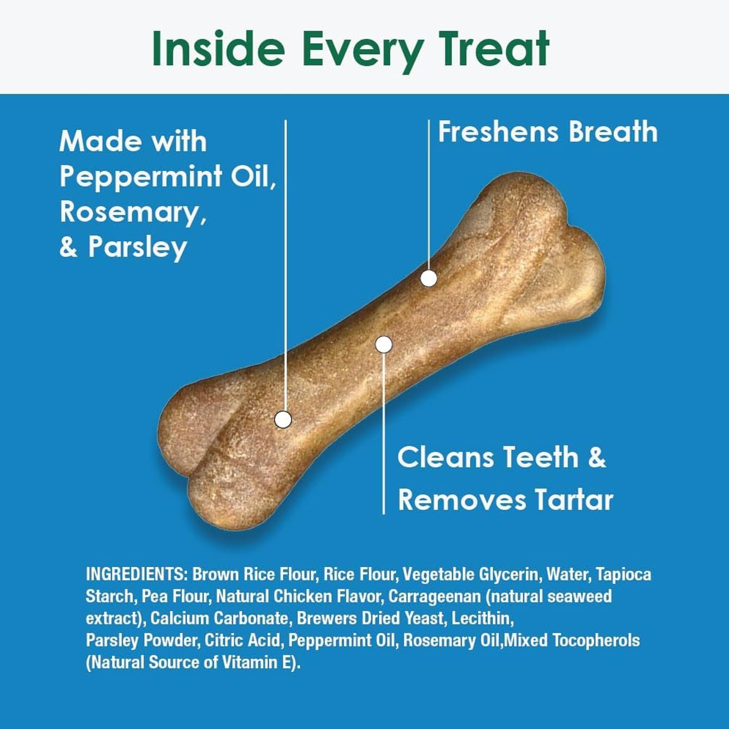 Bonies Aliento y fórmula dental golosinas para perros, ingredientes totalmente naturales, aliento fresco, limpia los dientes, bajo en calorías,