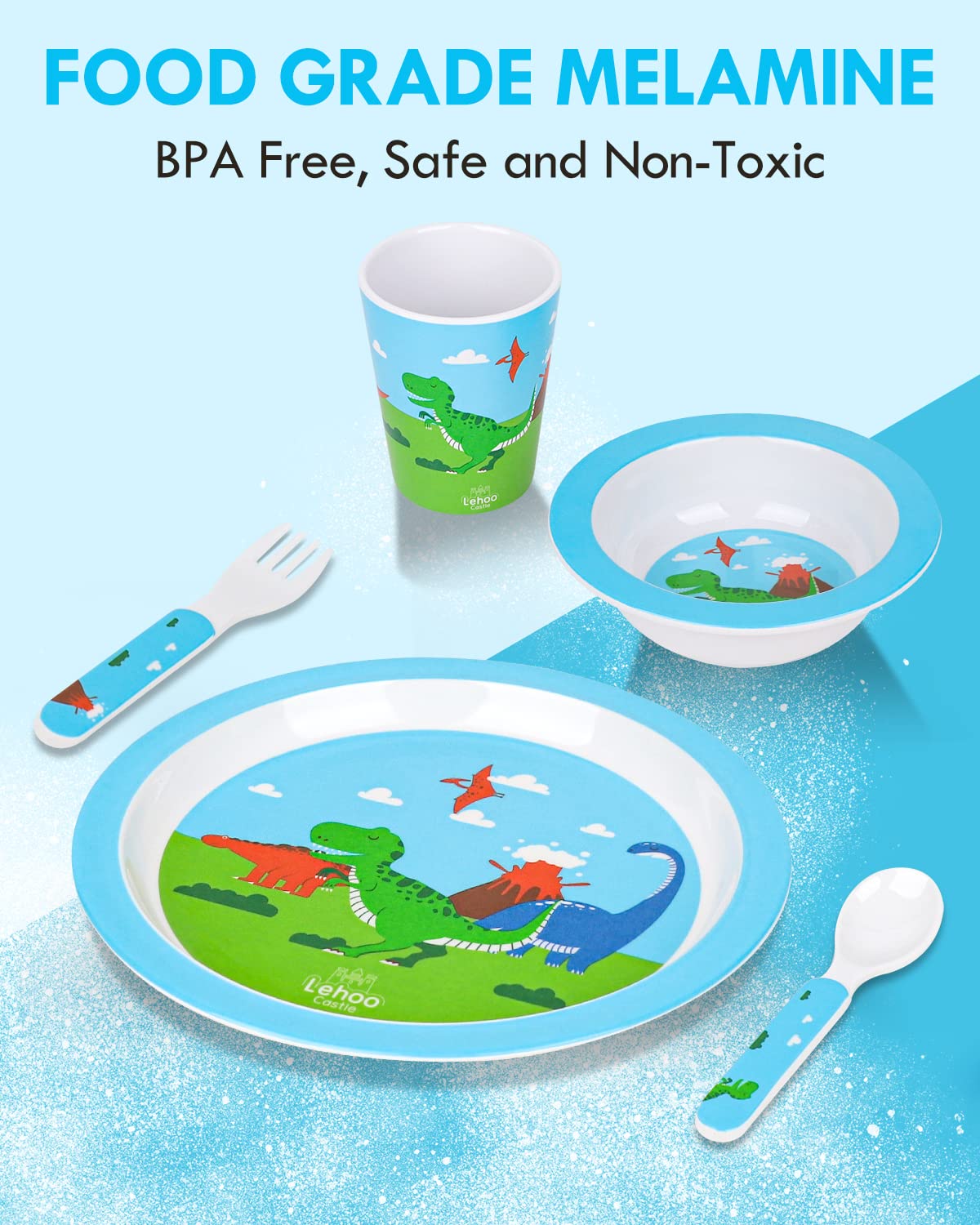 Lehoo Castle Juego de platos y cuencos para niños, juego de 5 piezas para alimentación de bebés, incluye plato, cuenco, taza, tenedor y cuchara,