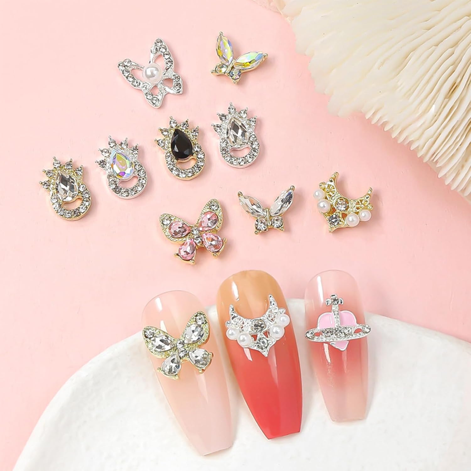 24 dijes de uñas de mariposa con diamantes de imitación de perlas y piedras preciosas de aleación de mariposa para arte de uñas, suministros de