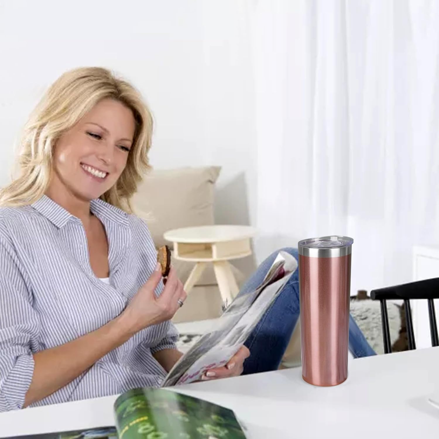 Vaso térmico de acero inoxidable aislado al vacío de doble pared con tapa y popote, para bebidas calientes y frías (oro rosa, 8)