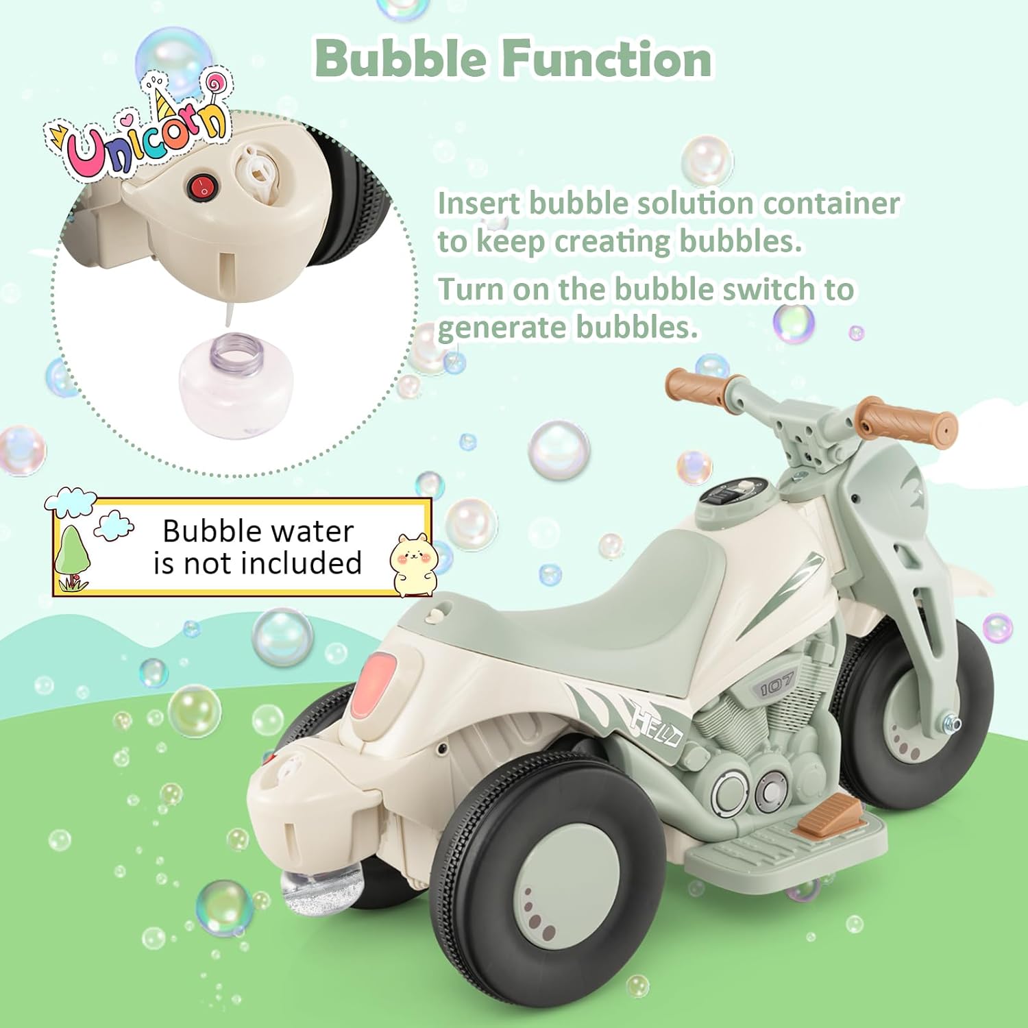 HONEY JOY Motocicleta de paseo de 6 V con fabricante de burbujas, luz LED, música, pedal de pie, adelanteatrás, motocicleta eléctrica de 3 ruedas