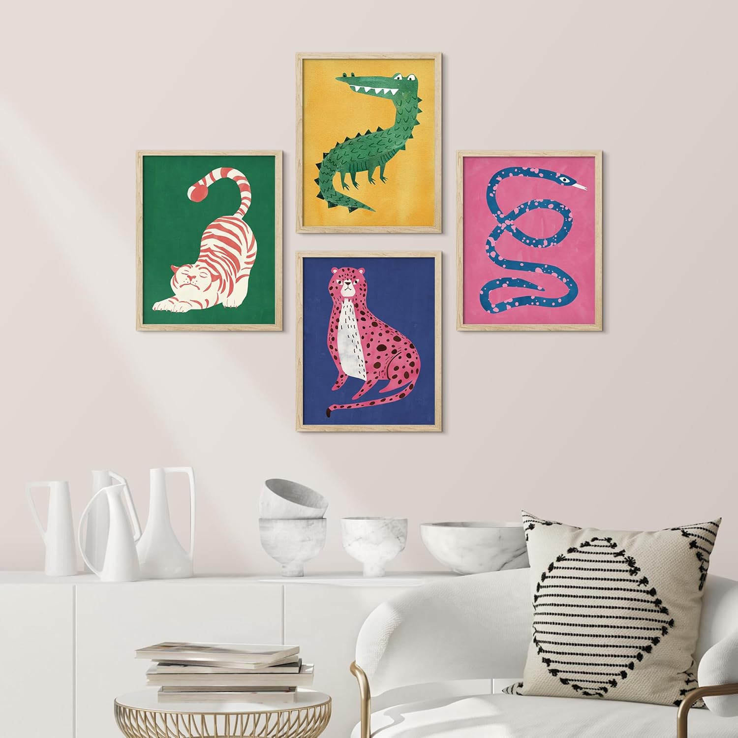 SIGNWIN Póster enmarcado gato rojo, cocodrilo verde, leopardo rosa, serpiente azul, arte moderno, realismo, animal decorativo, casa de campo para
