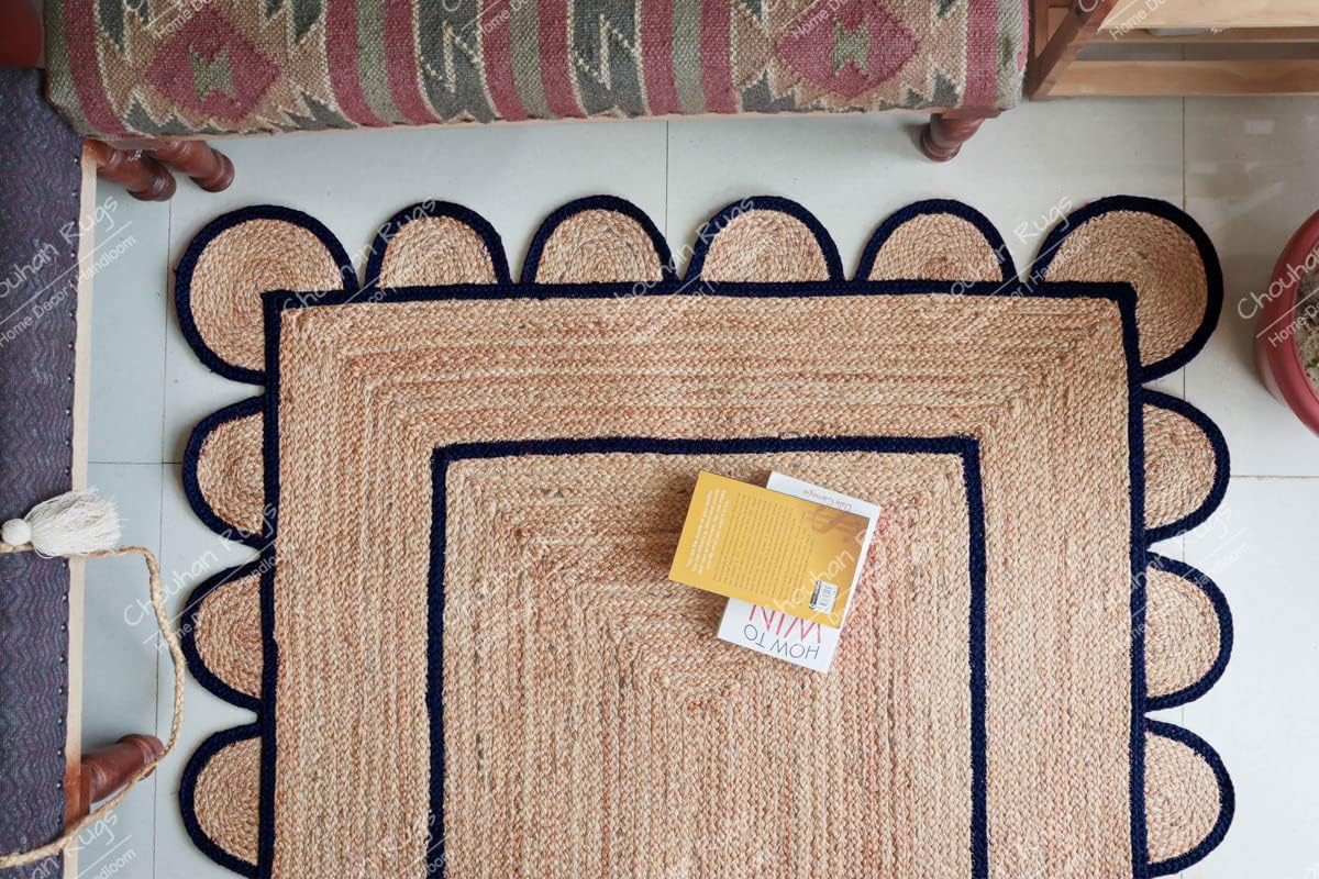Chouhan Rugs Area Rug – Alfombra trenzada a mano de yute natural, color azul marino