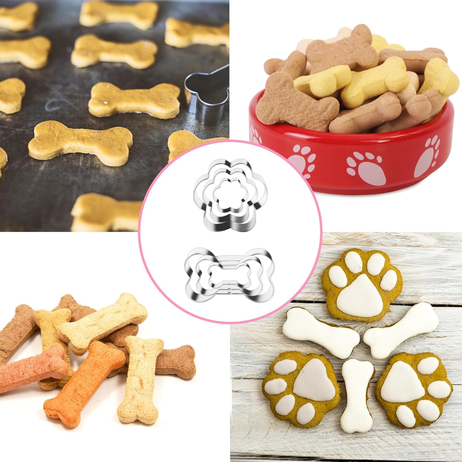 Cortador de galletas para perros, 6 piezas de cortadores de galletas de acero inoxidable con huellas de hueso y huellas de perro, juego de