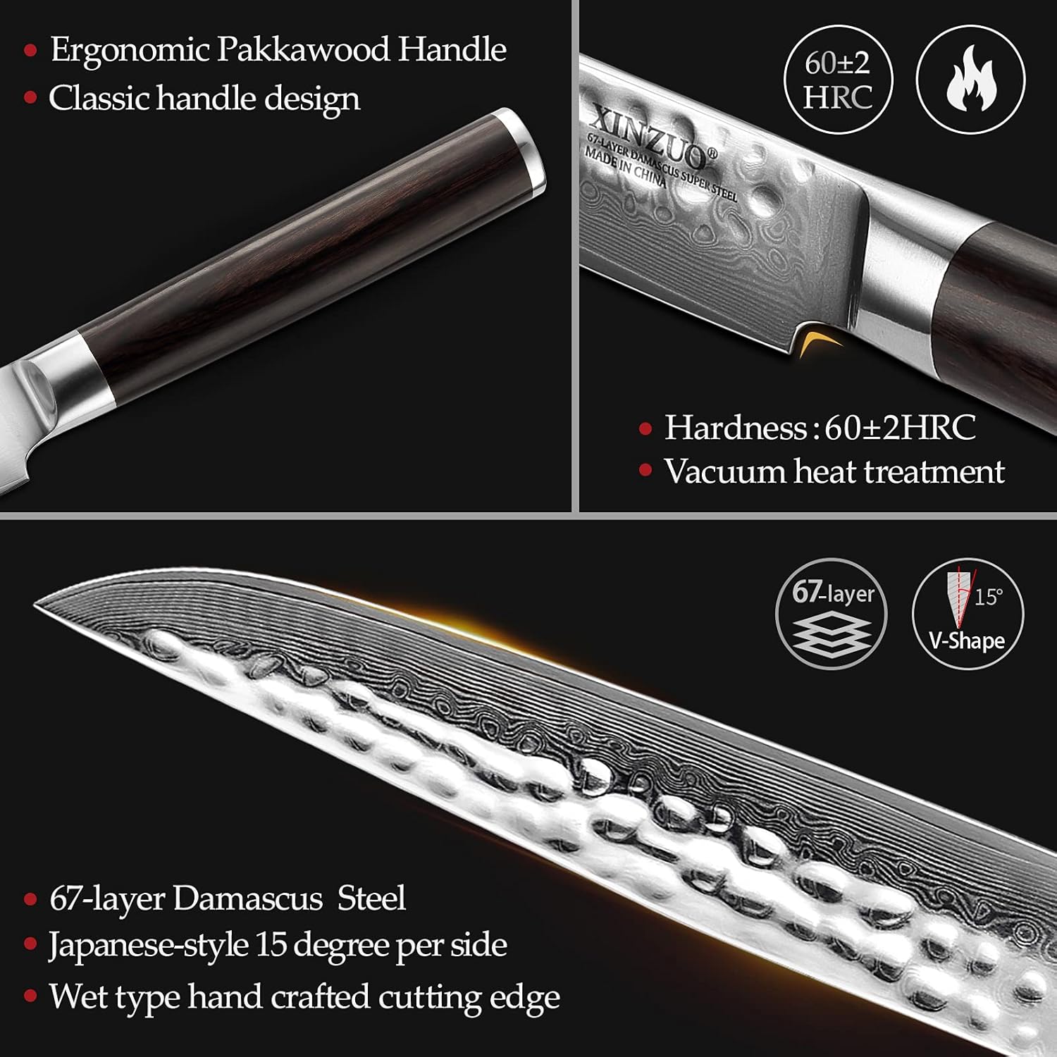 XINZUO Juego de cuchillos para carne de 5 pulgadas, 4,67 capas forjados de damasco con caja de regalo, ultra afilados, mango de madera de Pakka
