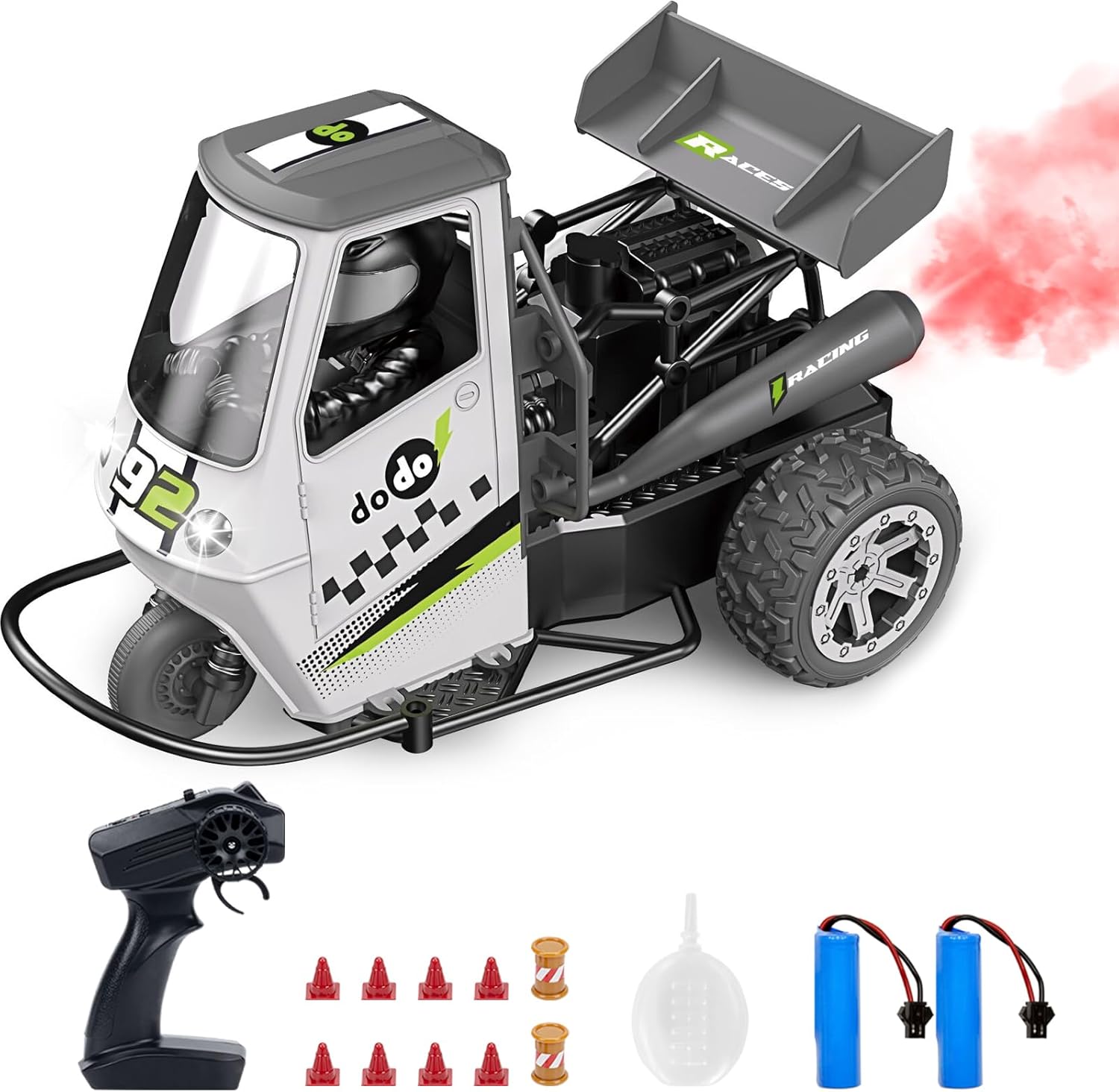 ACAMMZAR Coche de control remoto para niños, motocicleta RC 116, 22+kmh, control remoto de tres ruedas, con luz, spray para niños y niñas, regalo de