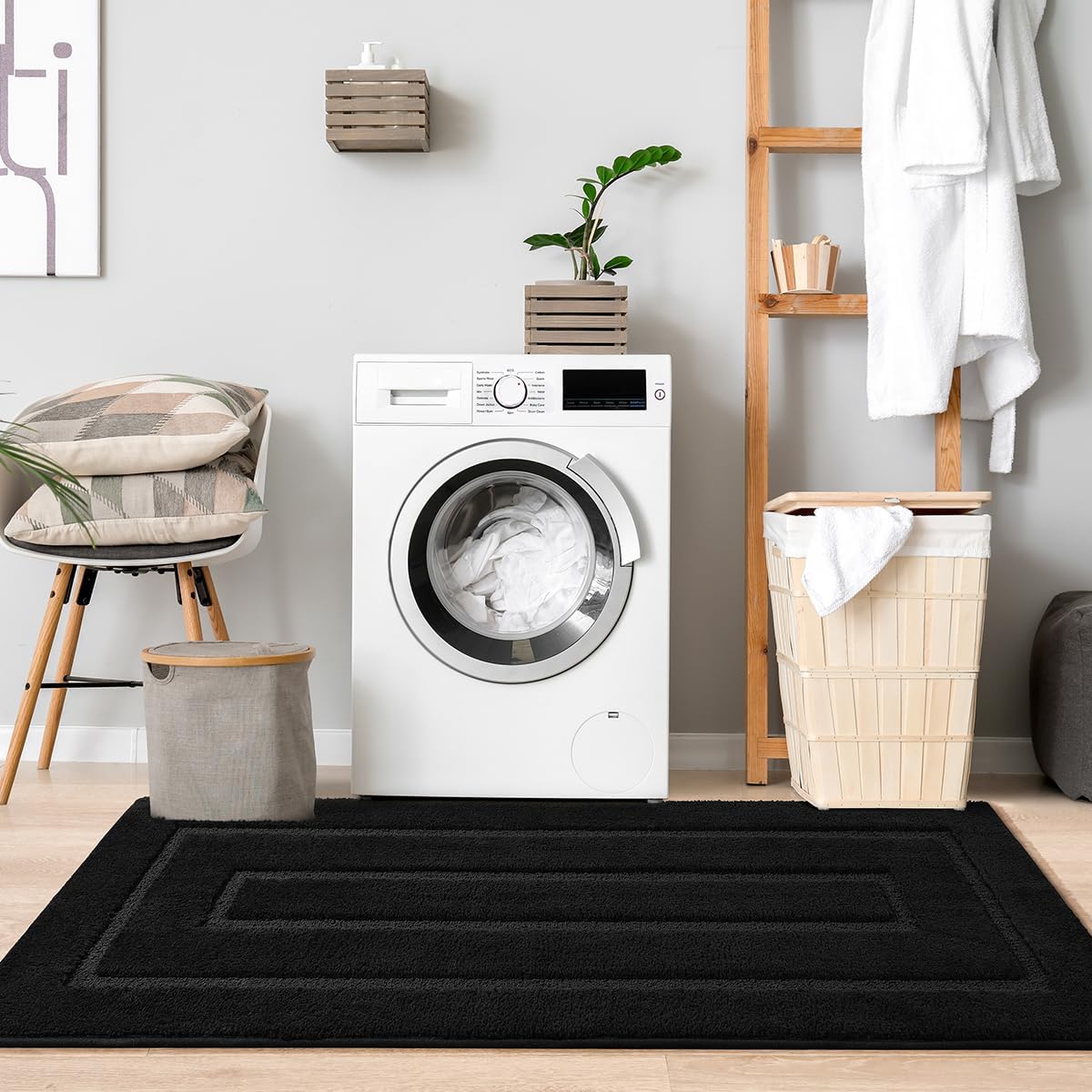 Keeko Alfombra de baño de 24 x 36 pulgadas, suave y absorbente, color negro, alfombra de baño de microfibra, antideslizante, lavable, resistente a