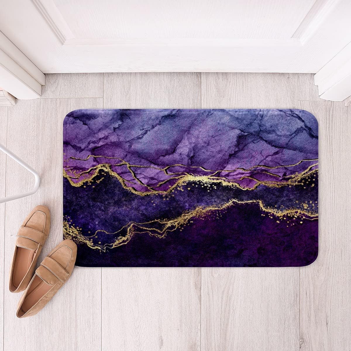 Alfombra de baño de mármol morado, alfombra de baño abstracta dorada y púrpura, alfombra de arte fluida de tinta iridiscente, alfombra de arte