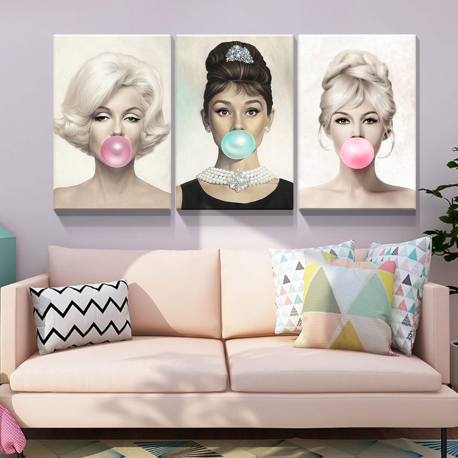 Denozer Arte de pared en lienzo con retrato de belleza de 3 paneles, Marilyn Monroe, Audrey Hepburn y Brigitte Bardot con coloridos chicles de