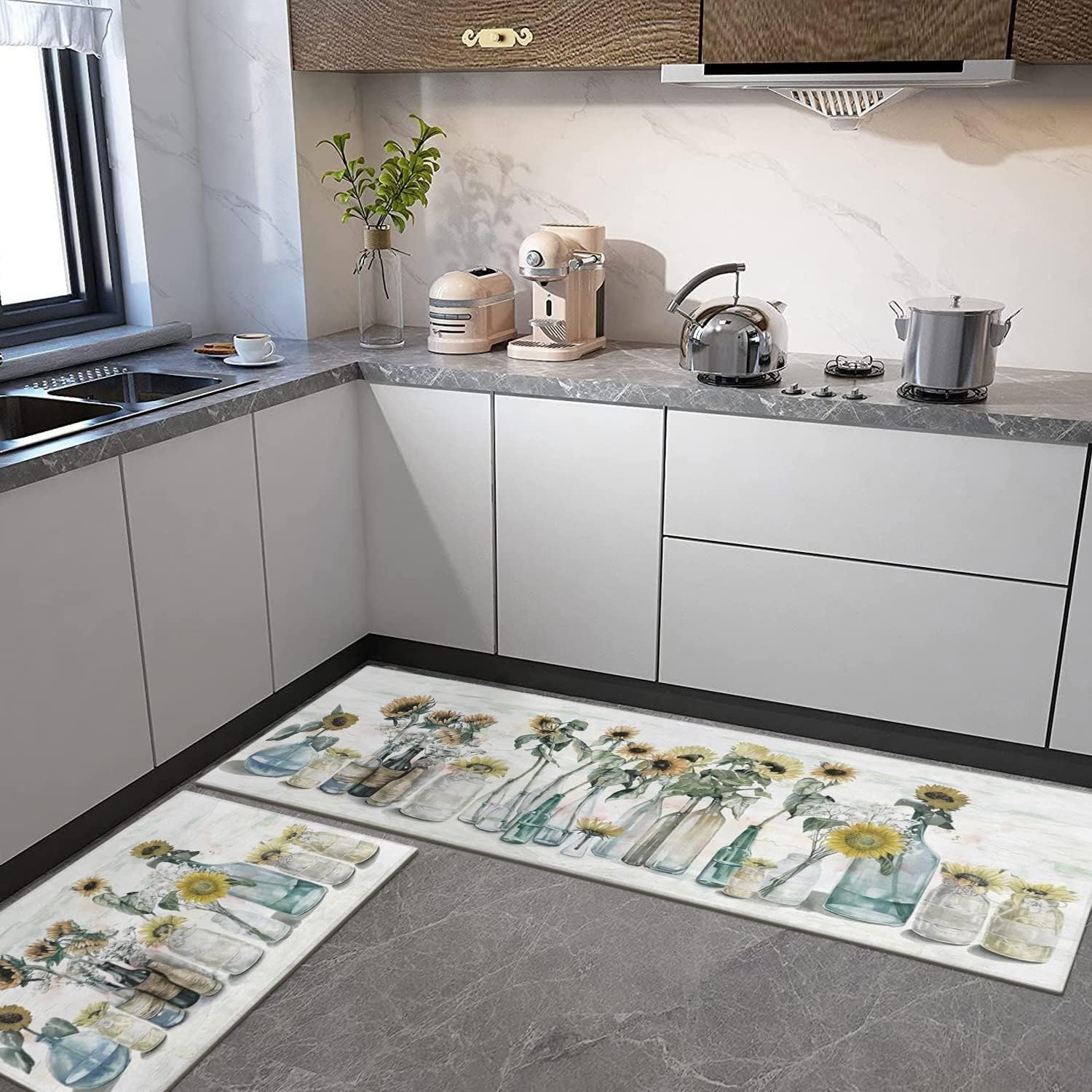 Juego de 2 alfombras de cocina de girasol, coloridas flores de primavera y verano, antideslizantes, lavables, alfombras de cocina con respaldo de
