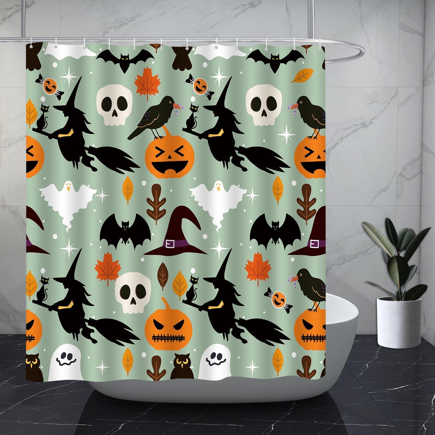 DePhoto Cortina de ducha de Halloween, calabaza, bruja negra, para niños, murciélago, cuervo, hojas de arce, sombrero de mago, calavera, fantasma,