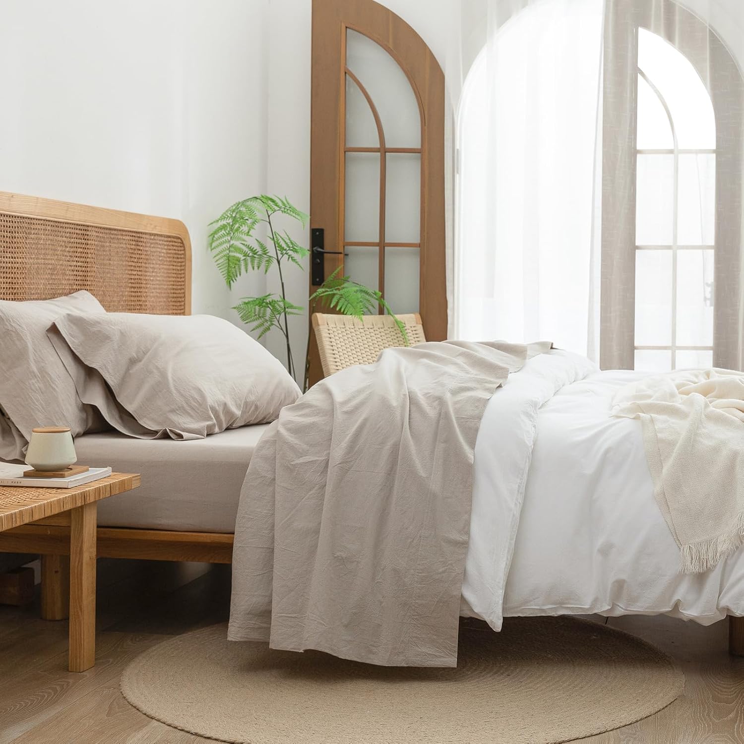 BESTOUCH Juego de sábanas 100% algodón lavado, tacto súper suave, cómodo, elegante, ligero, juego de ropa de cama de 4 piezas, lino sólido, gris,