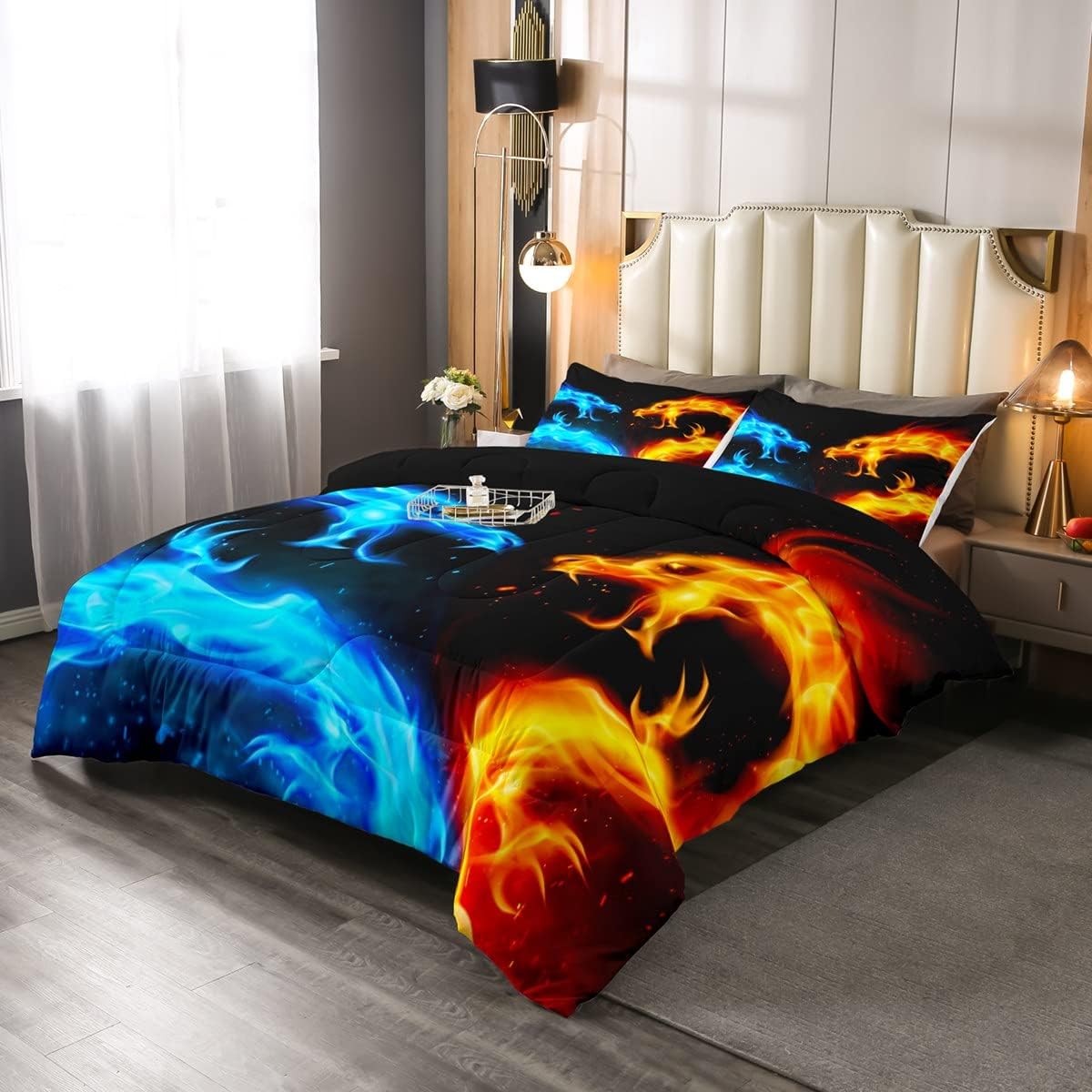 Erosebridal Juego de edredón de dragón de fuego de hielo, juego de ropa de cama tamaño Queen para niños, adolescentes, adultos, decoración de