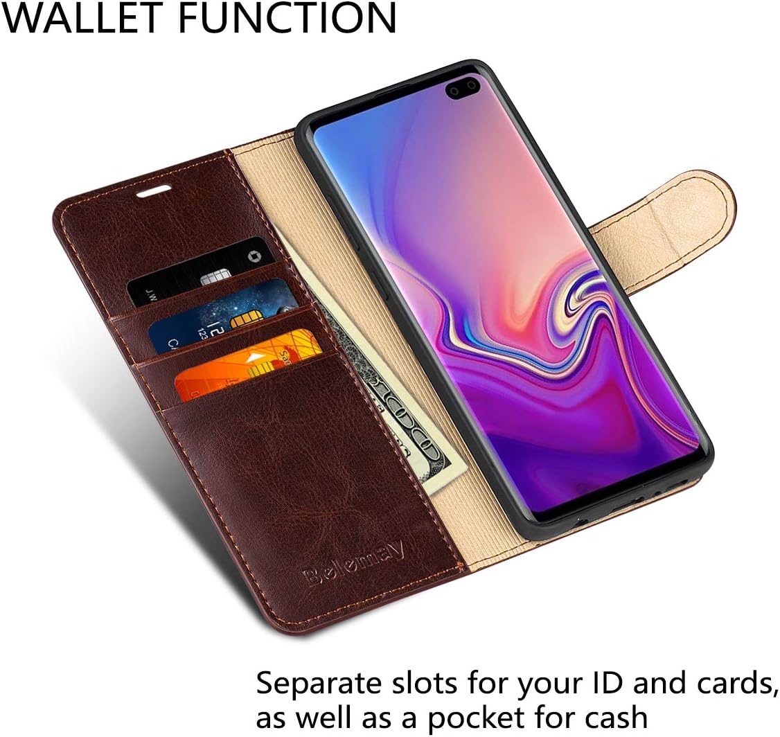 Belemay Funda tipo cartera para Samsung Galaxy S10, piel de vaca auténtica, funda tipo libro tipo folio, ranuras para tarjetero, bolsillos para