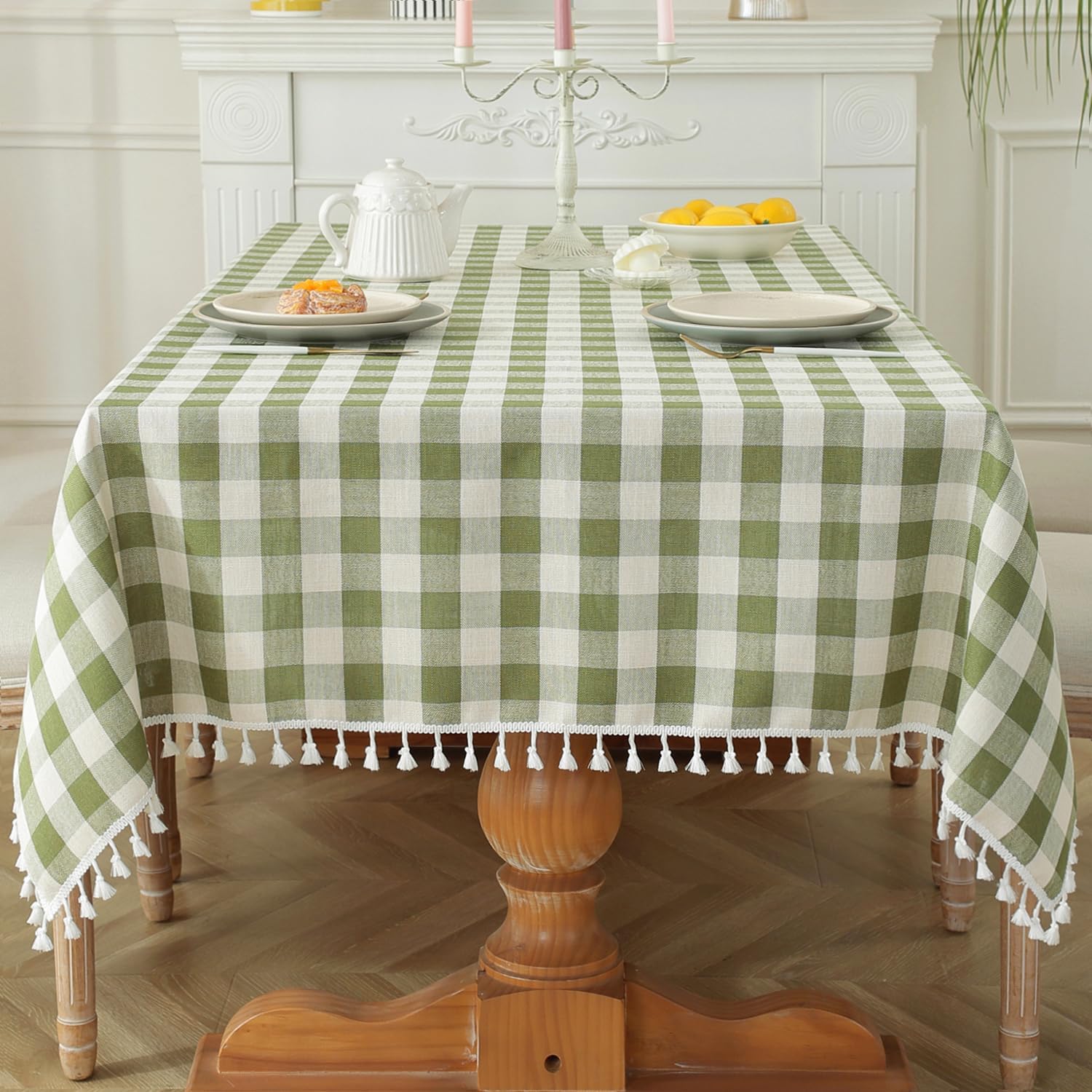Laolitou Mantel rectangular lavable resistente a cuadros con borlas, algodón y lino, para primavera, picnic, cocina, comedor, verde, 70 pulgadas