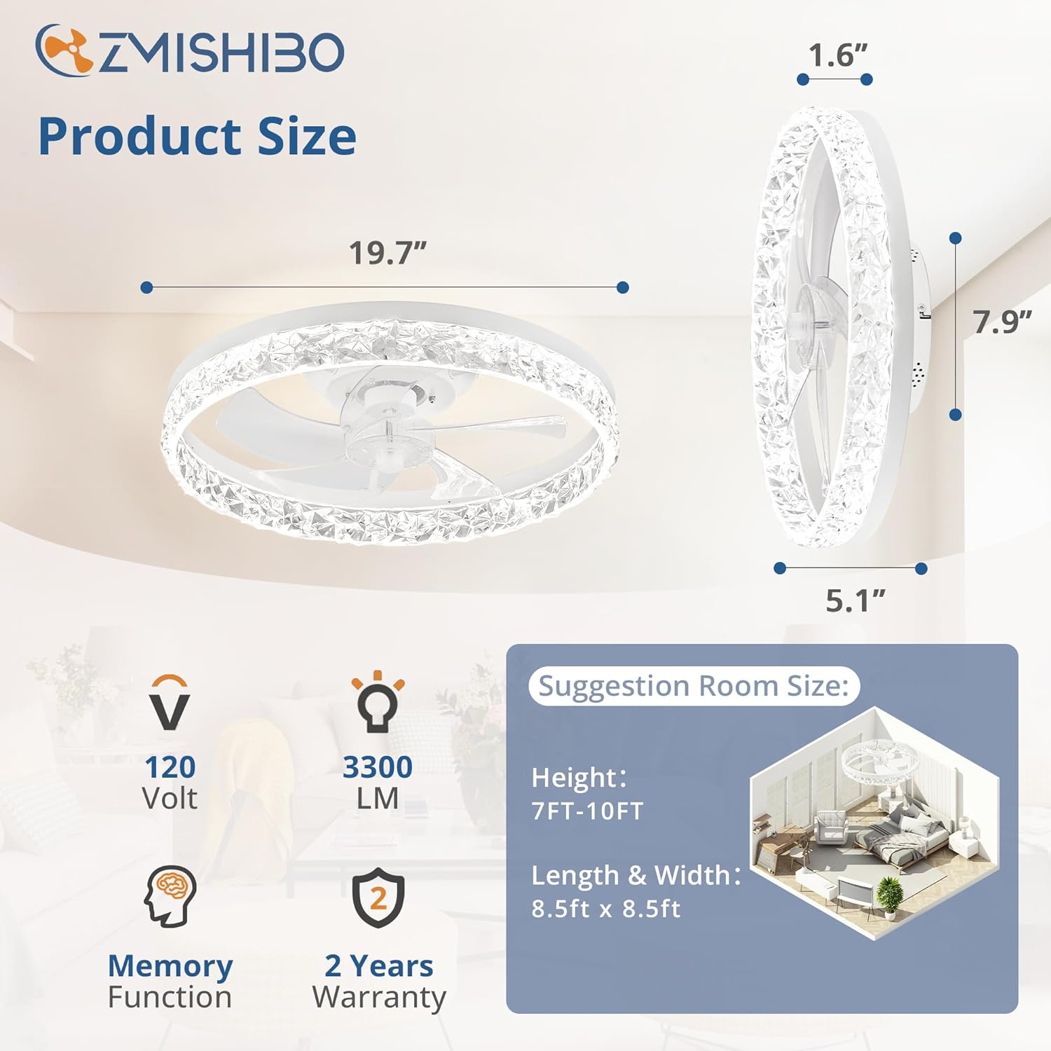 ZMISHIBO Ventiladores de techo de 19.7 pulgadas con luces, ventilador de techo de perfil bajo y control remoto, ventiladores de techo sin aspas, luz