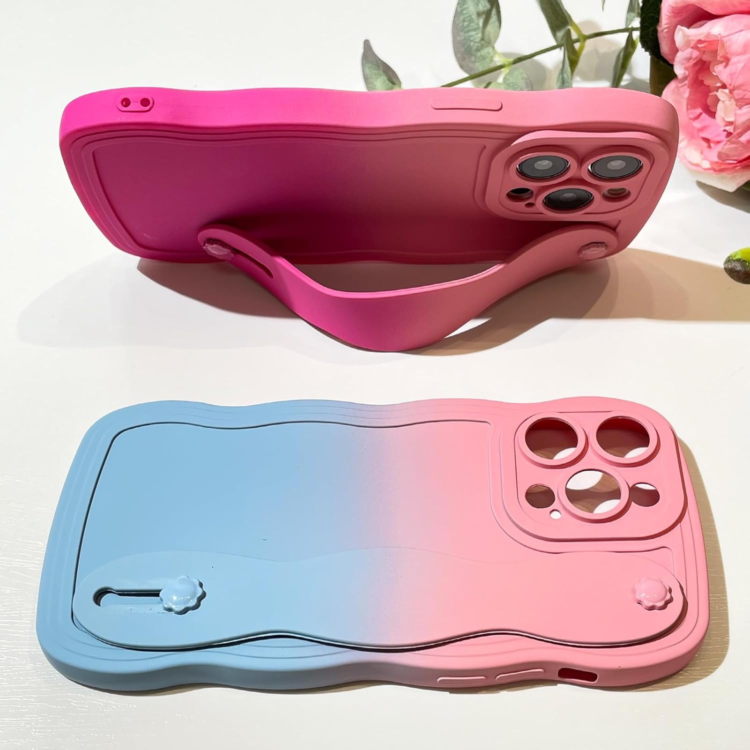 OOK Bonita funda con forma de marco ondulado rizado para iPhone 14 Pro Max con soporte de pulsera ajustable silicona suave a prueba de golpes,