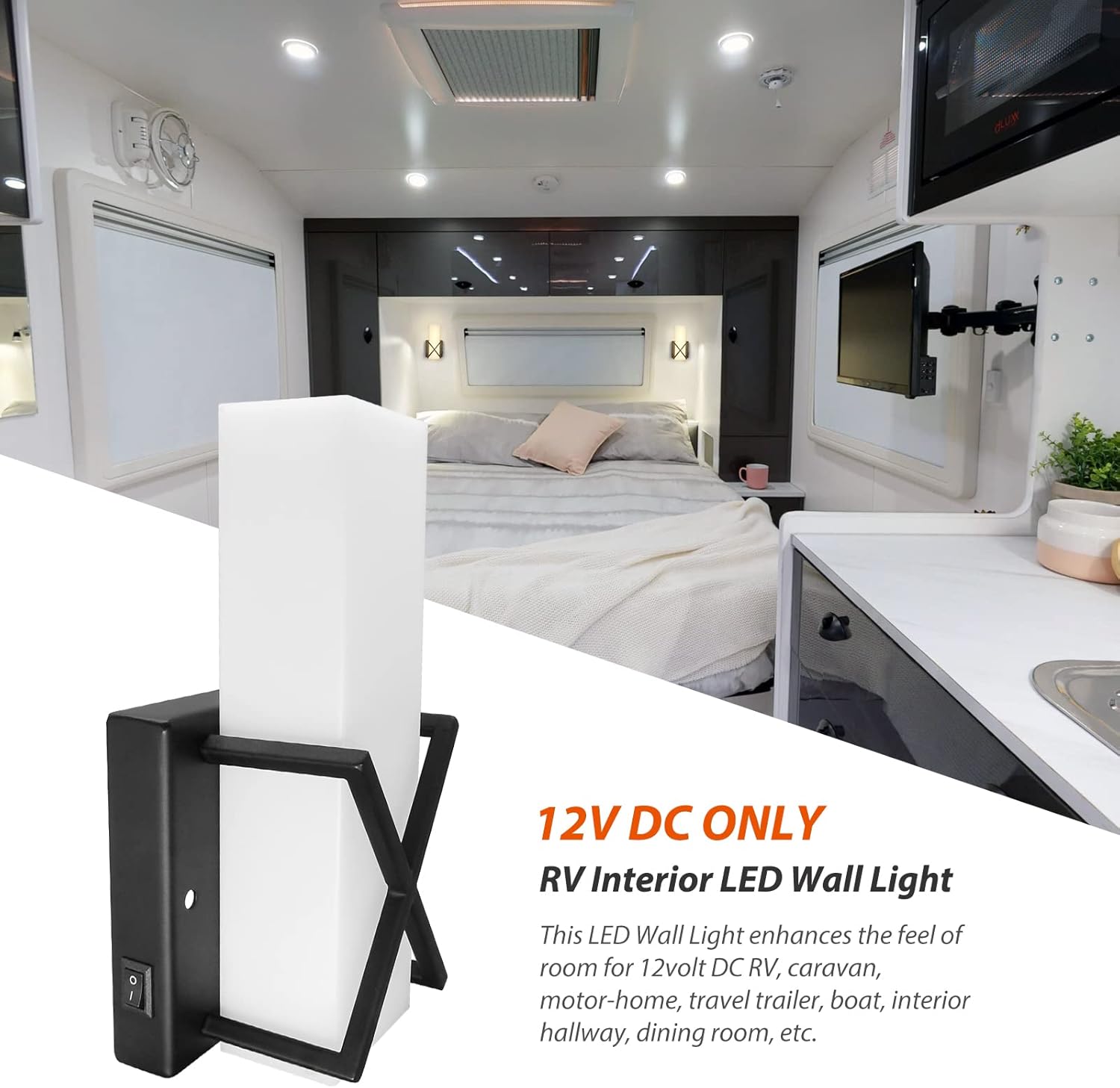 Dream lighting Aplique de pared LED de 12 voltios para casa rodante con interruptor para autocaravana, cámper, remolque, dormitorio, negro mate,