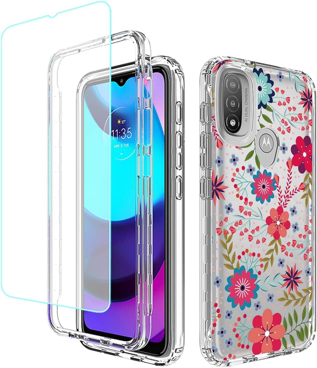 Vokuha Funda para Moto E20Moto E30Moto E40, XT2155 con protector de pantalla de vidrio templado, funda protectora de TPU transparente floral a