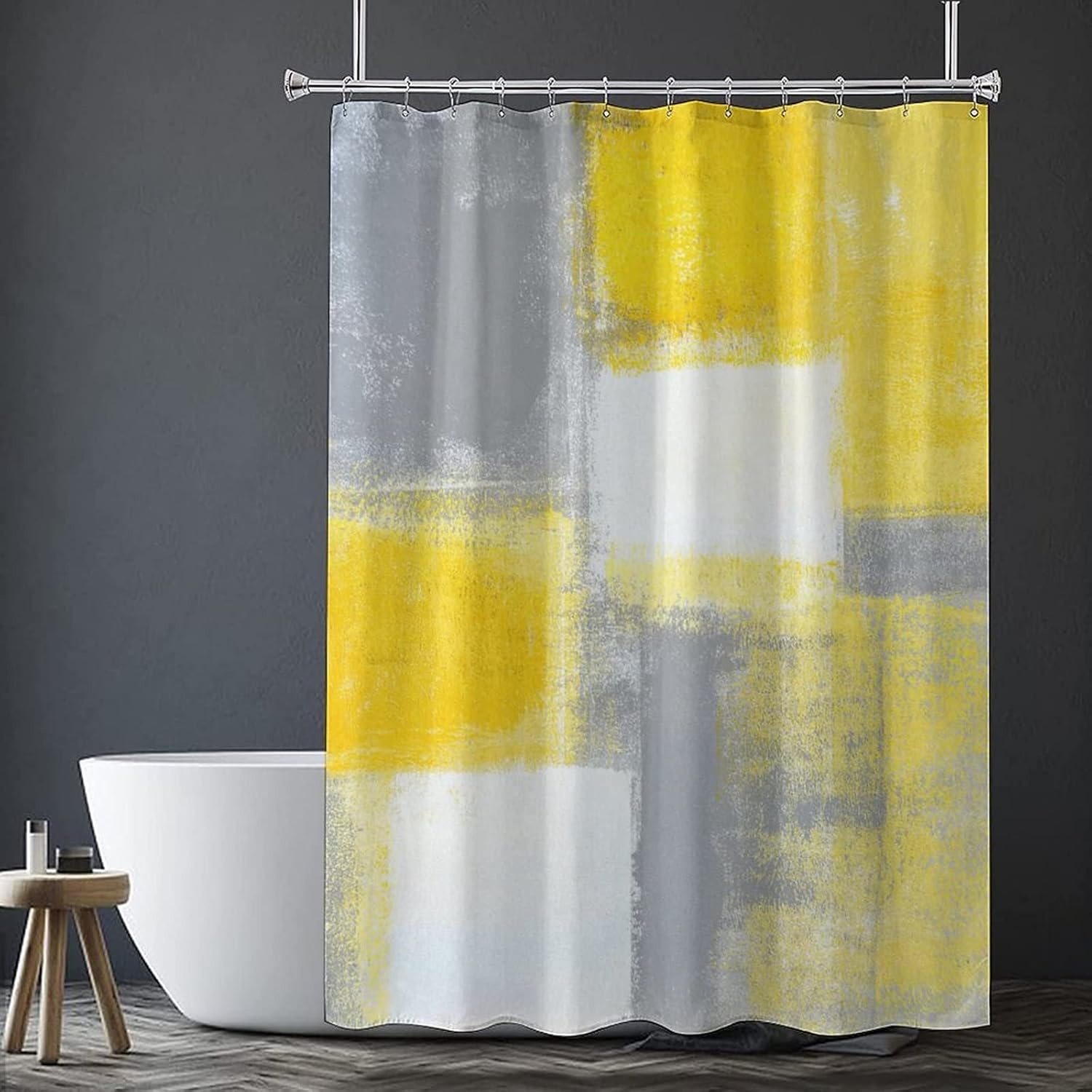 Cortinas de ducha con pintura de arte abstracto, cortinas de ducha con estampado 3D de acuarela gris y amarillo, juego de cortinas de baño con 12
