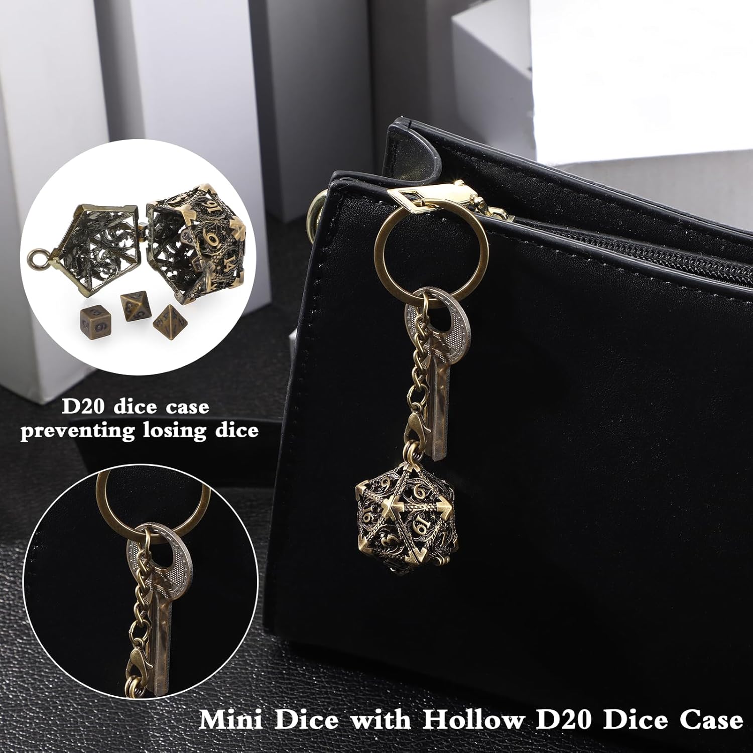 Syhood Juego de dados pequeños, 7 piezas de dados pequeños de metal hueco D20, collar D20, llavero, juegos de mesa para juegos de rol, regalo