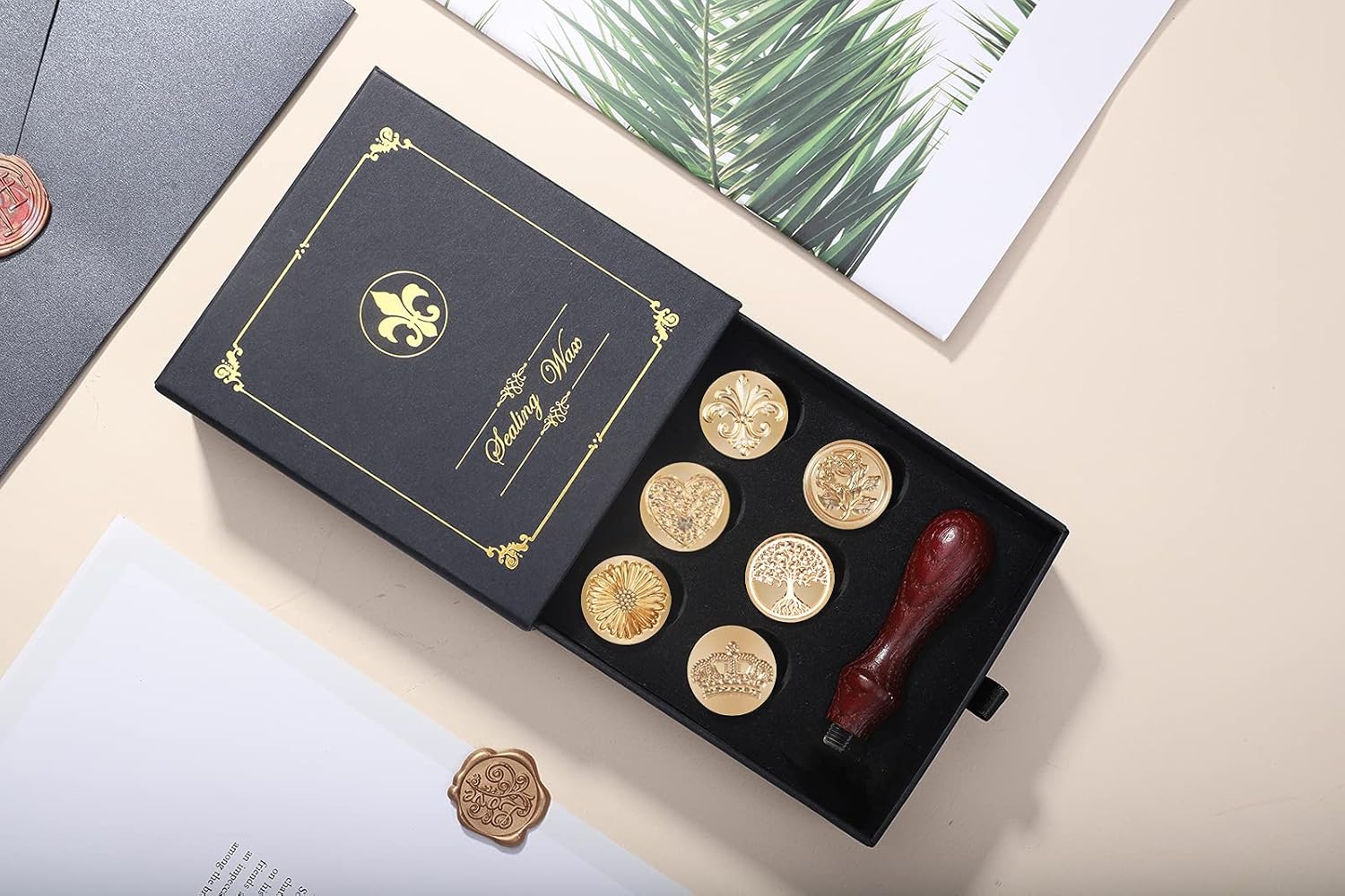 Juego de caja de regalo de sellos de cera, 6 sellos de cera de sellado, sellos de cobre, 1 empuñadura de madera, kit de sellos de cera para sobres