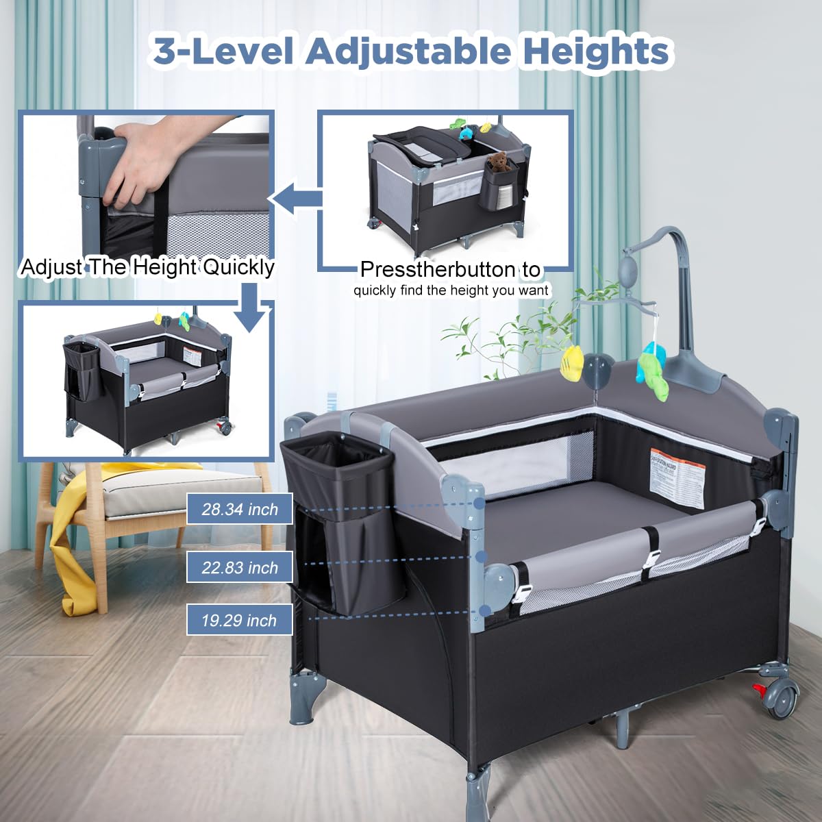 Paquete 5 en 1 de cuna para bebé, cuna de noche con juguetes y caja de música, colchón, patio plegable, corralito de juegos, cama de viaje, centro