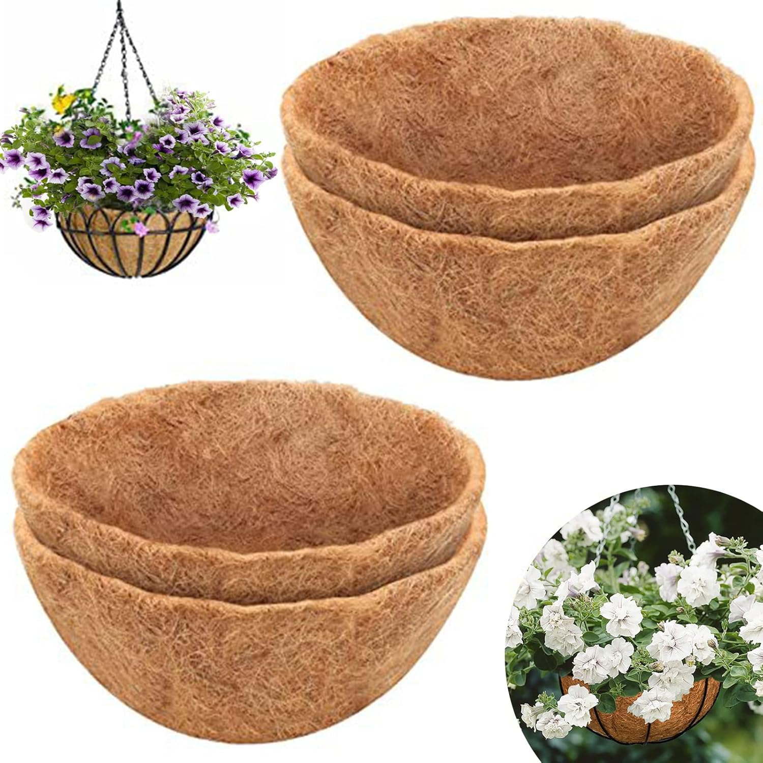 4 forros para cestas colgantes, forros de fibra de coco natural para colgar cestas redondas y canales, crecimiento de plantas, plantas, exteriores,