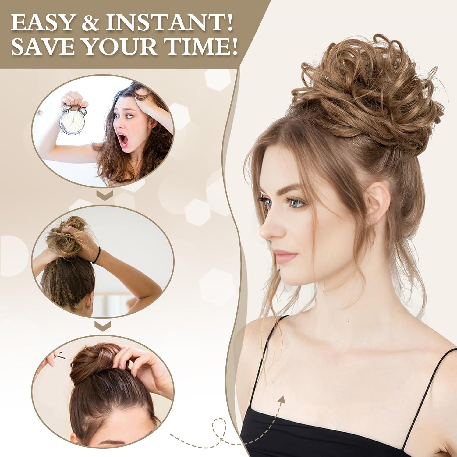 1PSC – Moño desordenado, moño falso, moño humano para mujer, moño desordenado, cola de caballo, extensiones de moño rizado para mujer, moño con clip