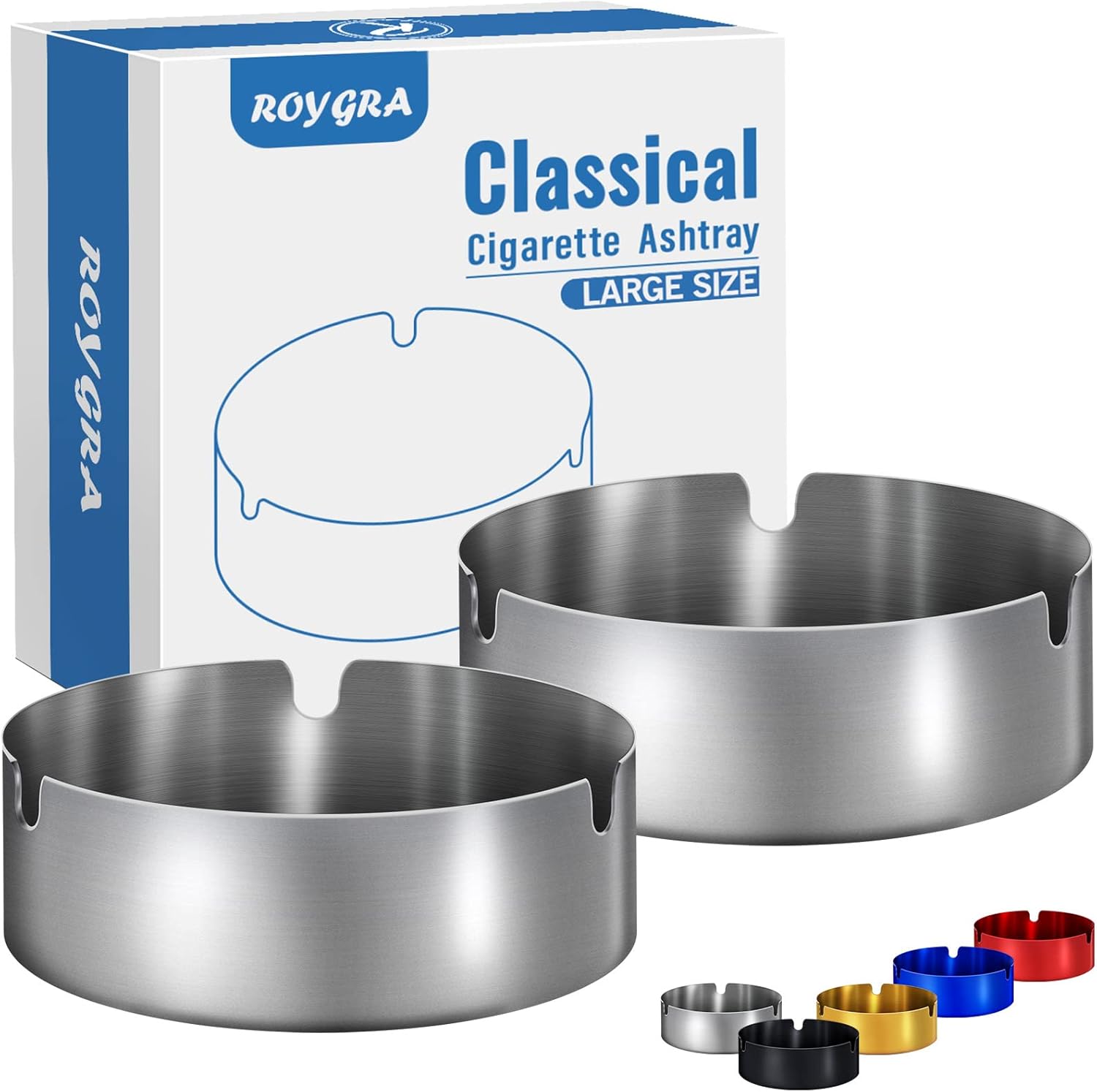 roygra Cenicero de metal, 2 unidades, plateado, tamaño grande (3.94 x 3.94 x 1.34 pulgadas)