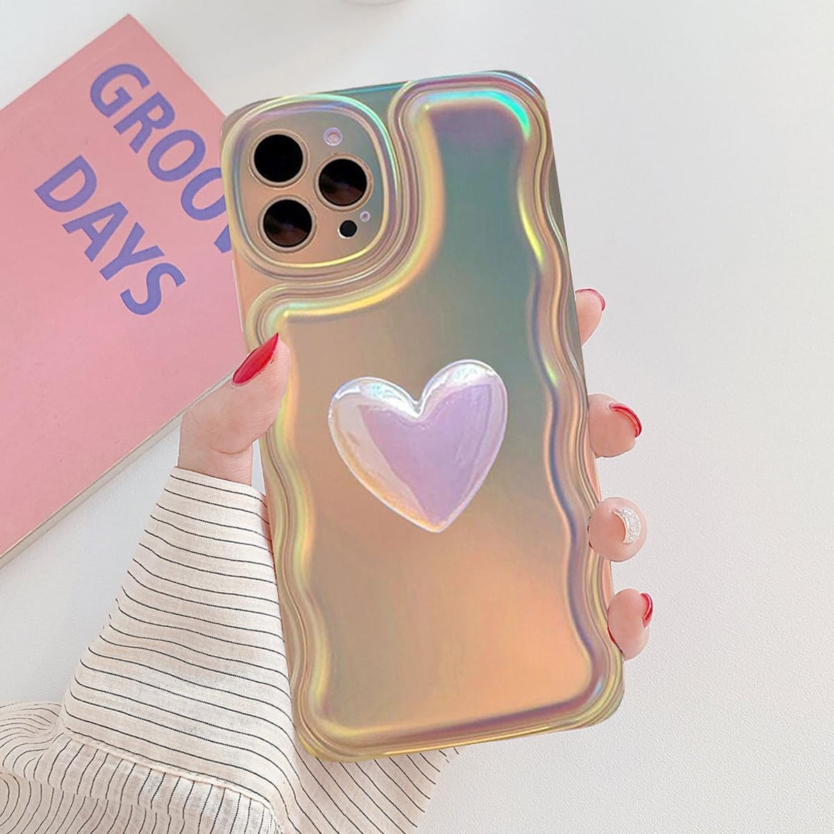 Changjia Funda para iPhone 14 Pro Max para mujer, bonita funda holográfica 3D con diseño de corazón y corazón, brillante, marco de onda de luz a