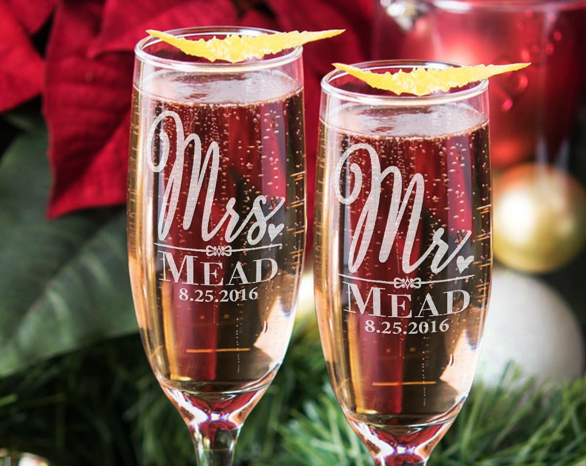 Copas de champán de boda personalizadas para señor y señora, regalos de boda personalizados con apellido y fecha, regalos de boda para novia y
