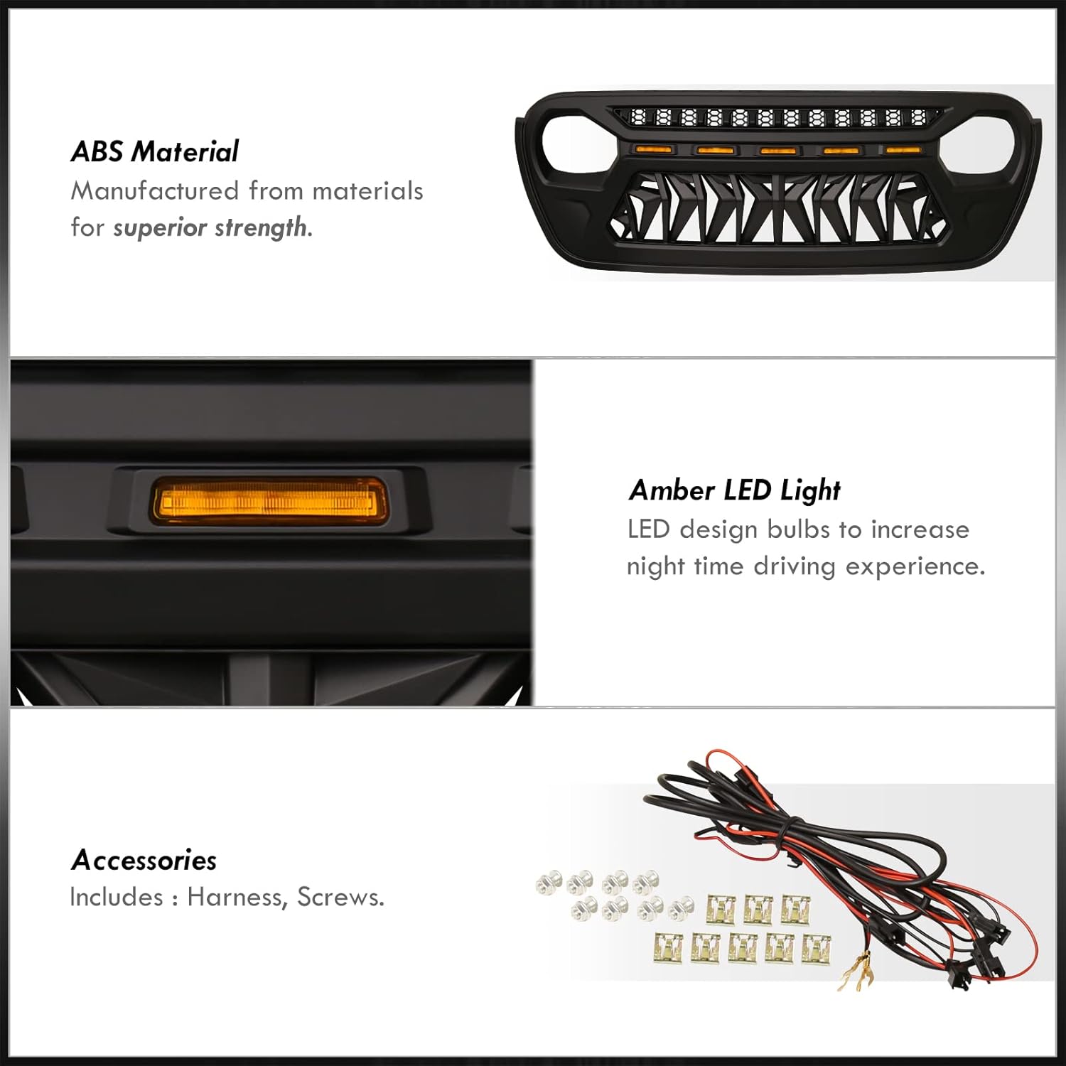 AJP Distributors Parachoques delantero superior estilo tiburón rejilla ABS cubierta con luces LED ámbar DRL luces de correr compatibles  repuesto
