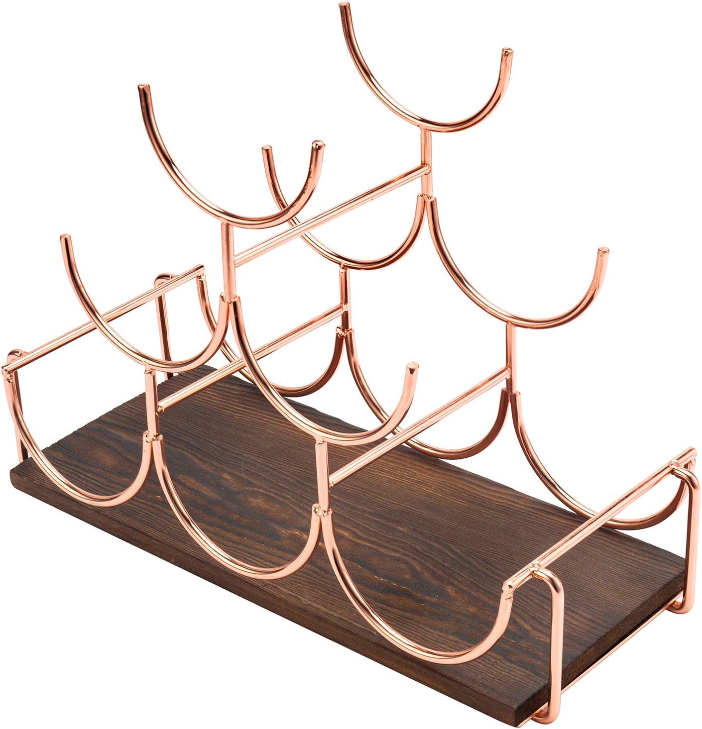 MyGift Estante de vino de oro rosa, 6 botellas, moderno, de mesa, de alambre de metal, apilado, soporte para vino con base de madera quemada