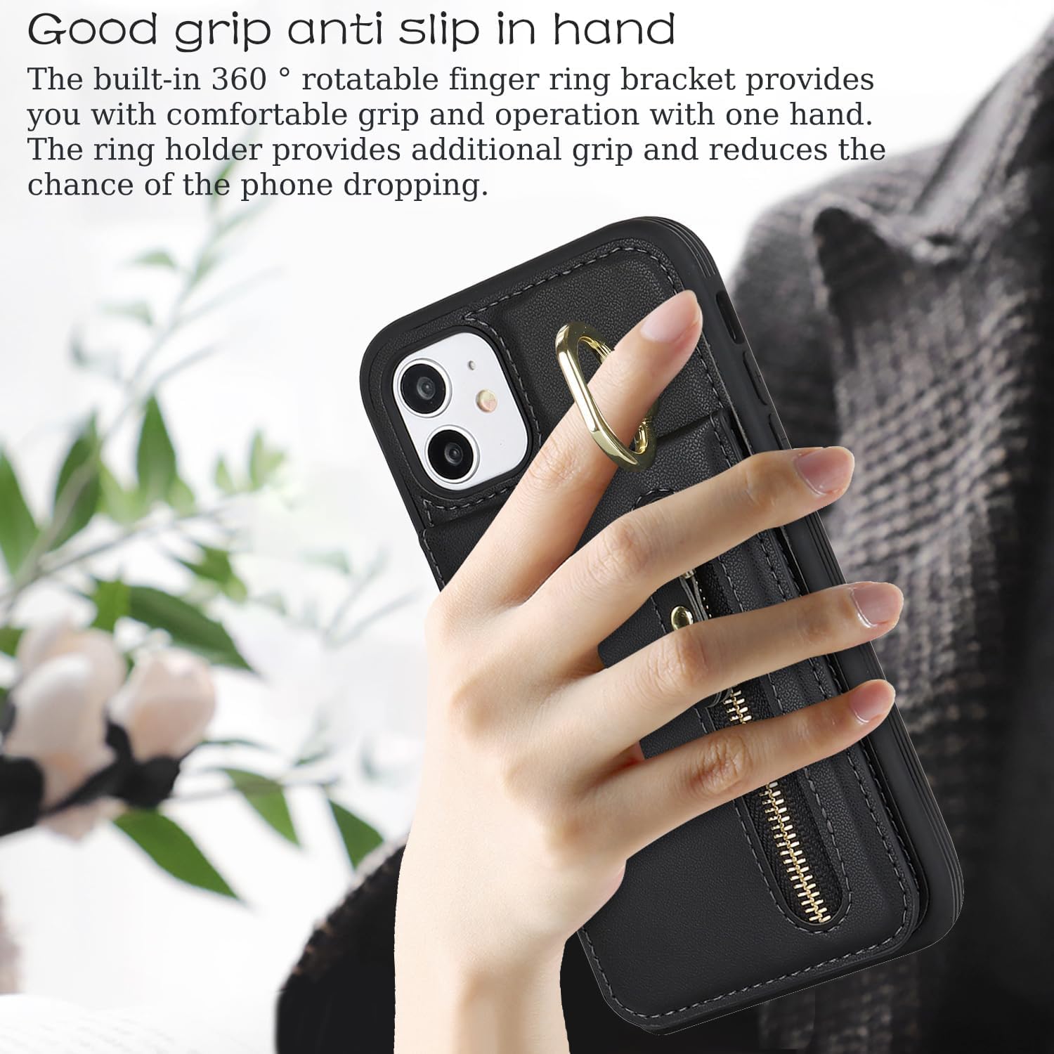 Funda para iPhone 11 con tarjetero para mujer, iPhone 11 con tarjeta de crédito con anillo de soporte, cremallera, a prueba de golpes, delgada, para