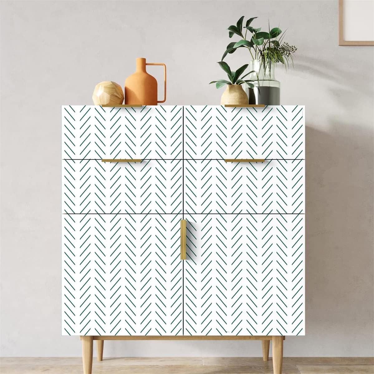 Orainege – Papel de colgadura adhesivo verde y blanco con diseño de espina de pescado, diseño geométrico moderno de rayas verdes, autoadhesivo y