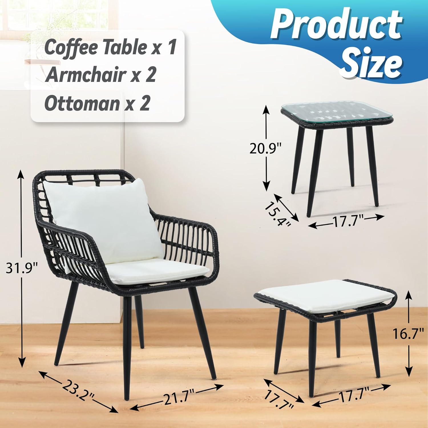 KROFEM Juego de sillas y mesa de mimbre para exteriores, 5 piezas con otomana para porche, balcón, terraza, patio, patio trasero, color negro