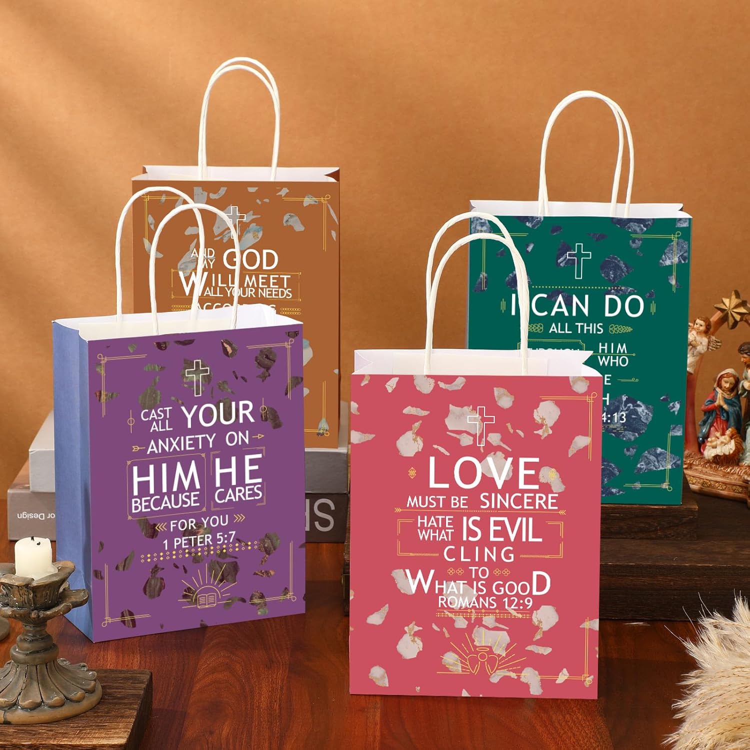 Hosuly 16 bolsas de regalo de himno religioso, bolsa de papel de escritura cristiana con citas de versículos de la Biblia, bolsas de regalo de