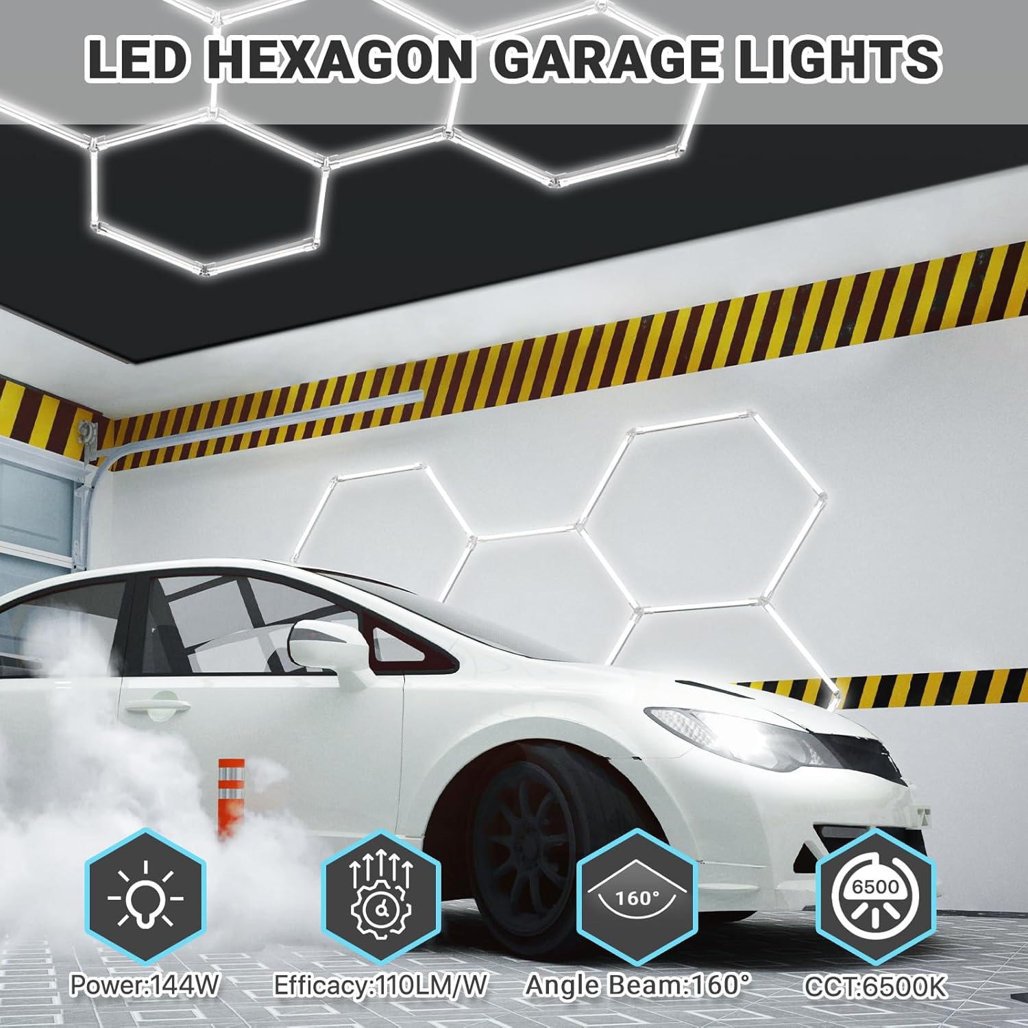 HYPERLITE Luces hexagonales de garaje, luces de panal de abeja, 5 sistemas de rejilla de 6500 K, luz de techo hexagonal para detalles de automóvil,